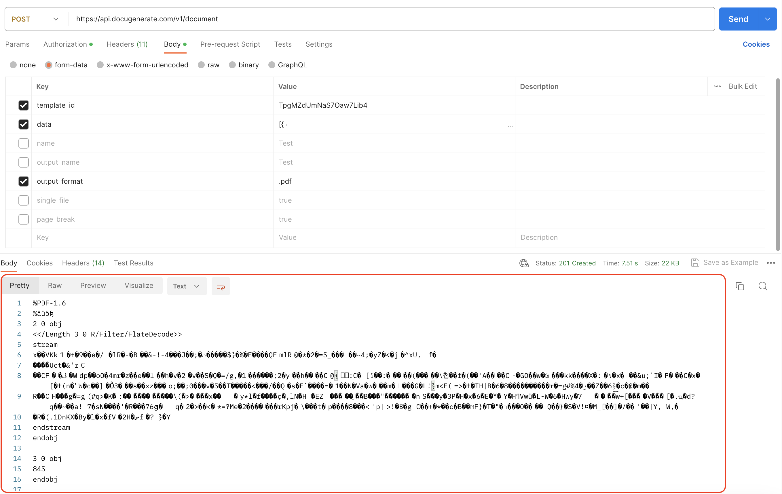 Create document by calling the API using Postman