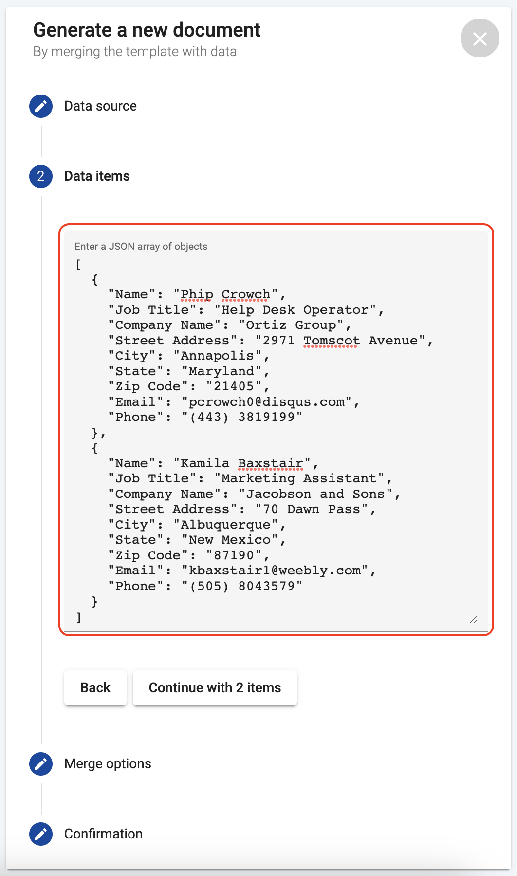 JSON data input