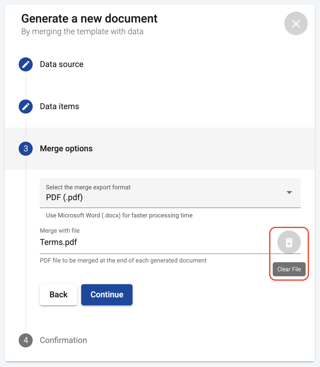 Clear button to remove the PDF file