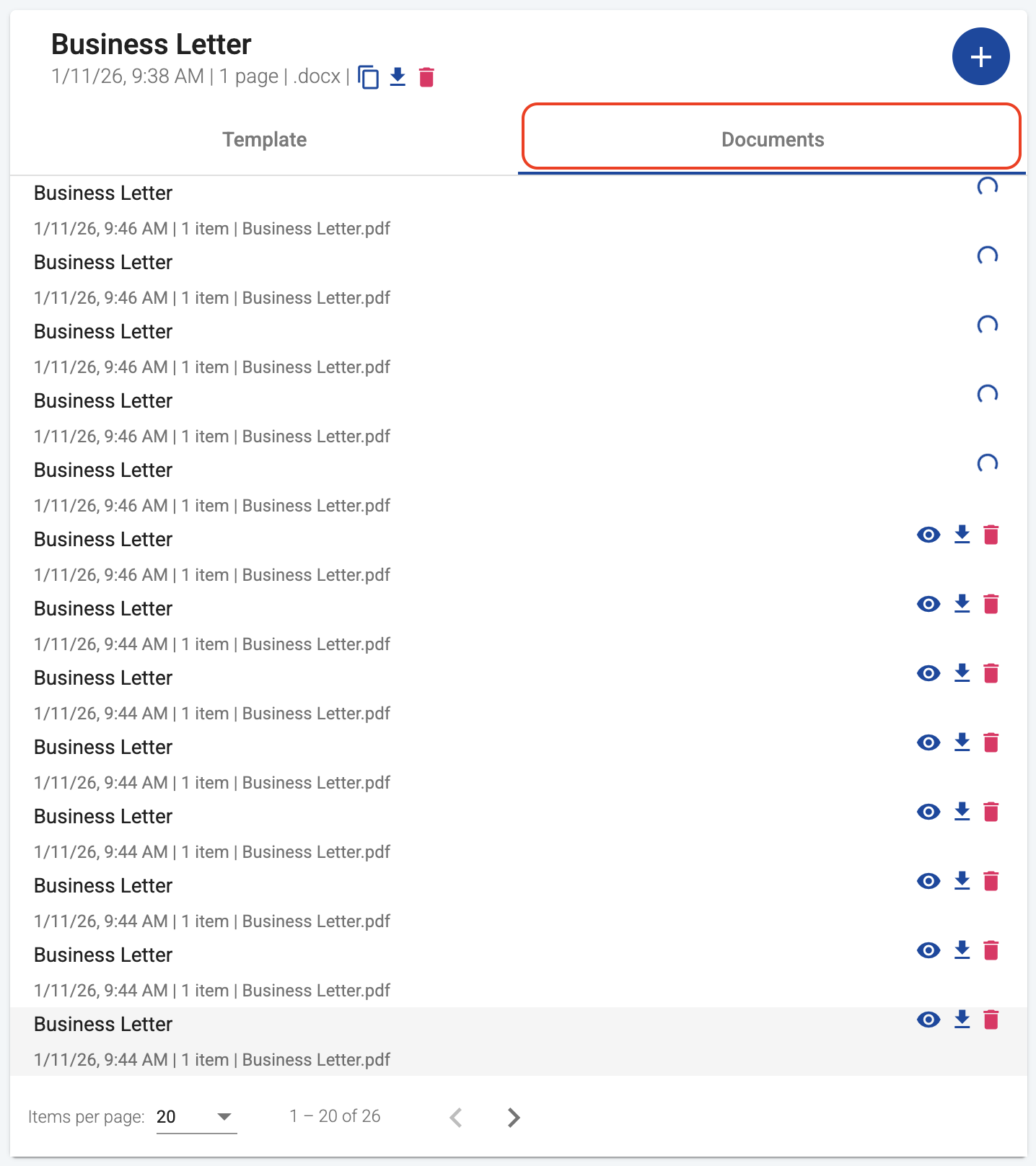 Processing documents list