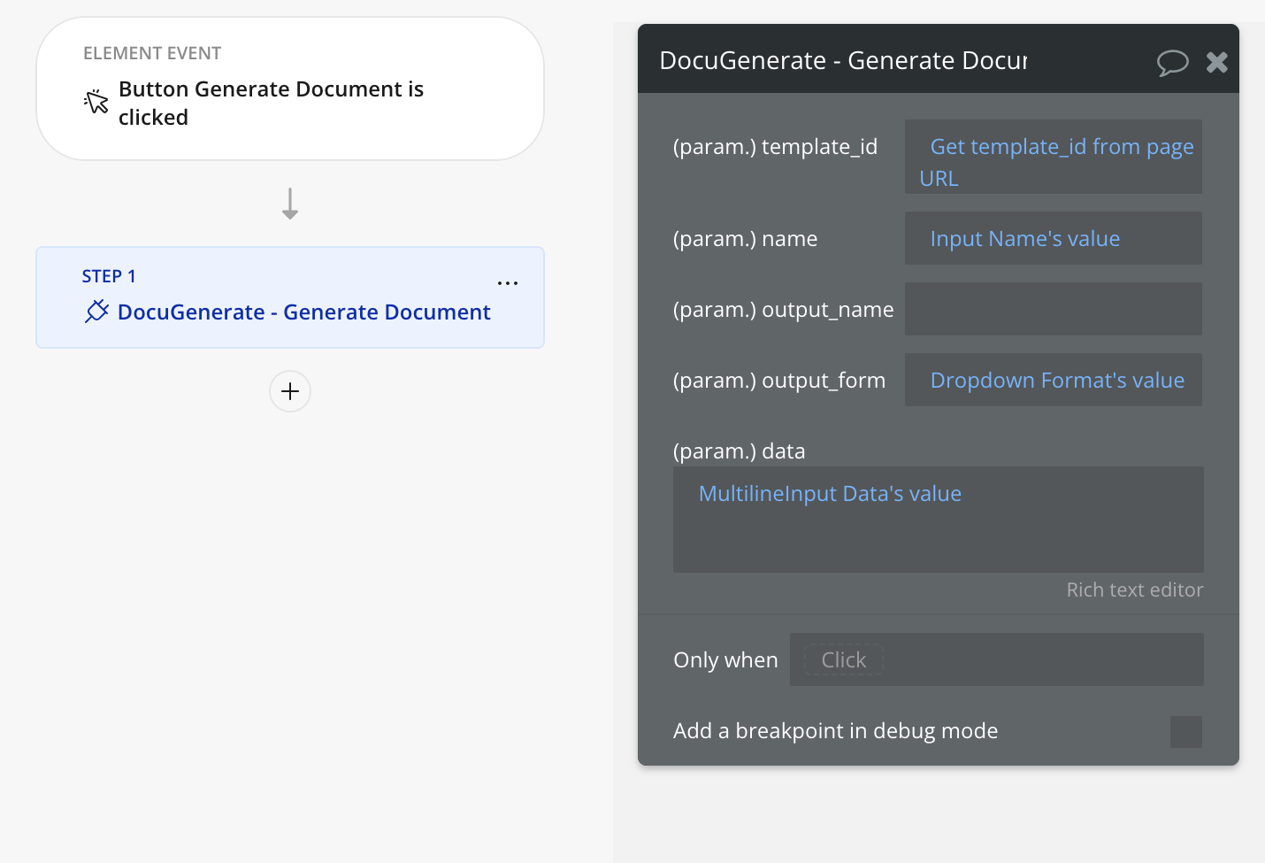 Generate document action