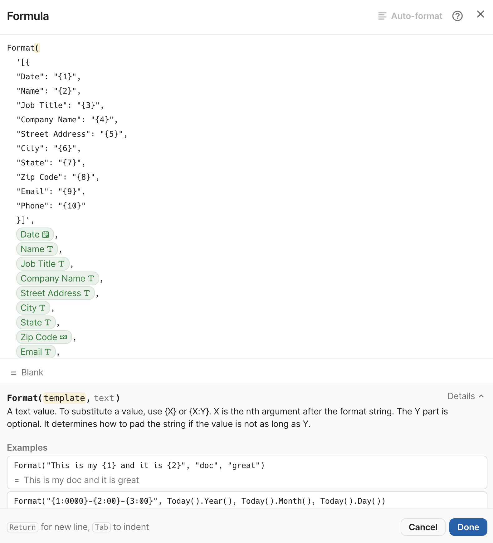 Manual JSON data configuration with Format formula