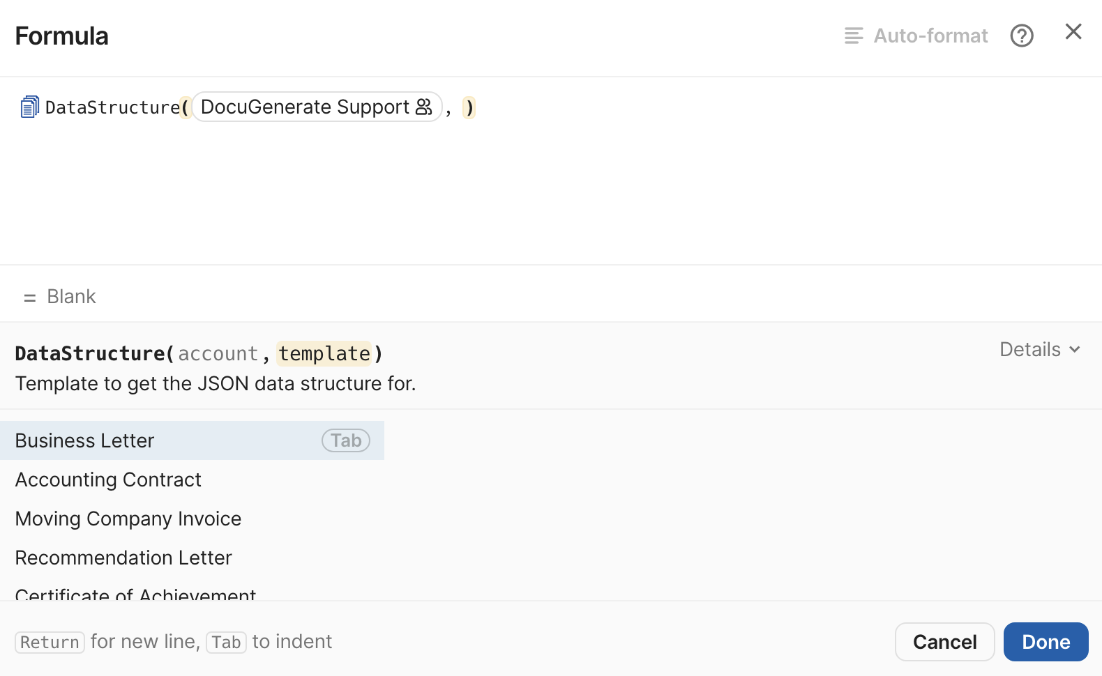 DataStructure formula configuration