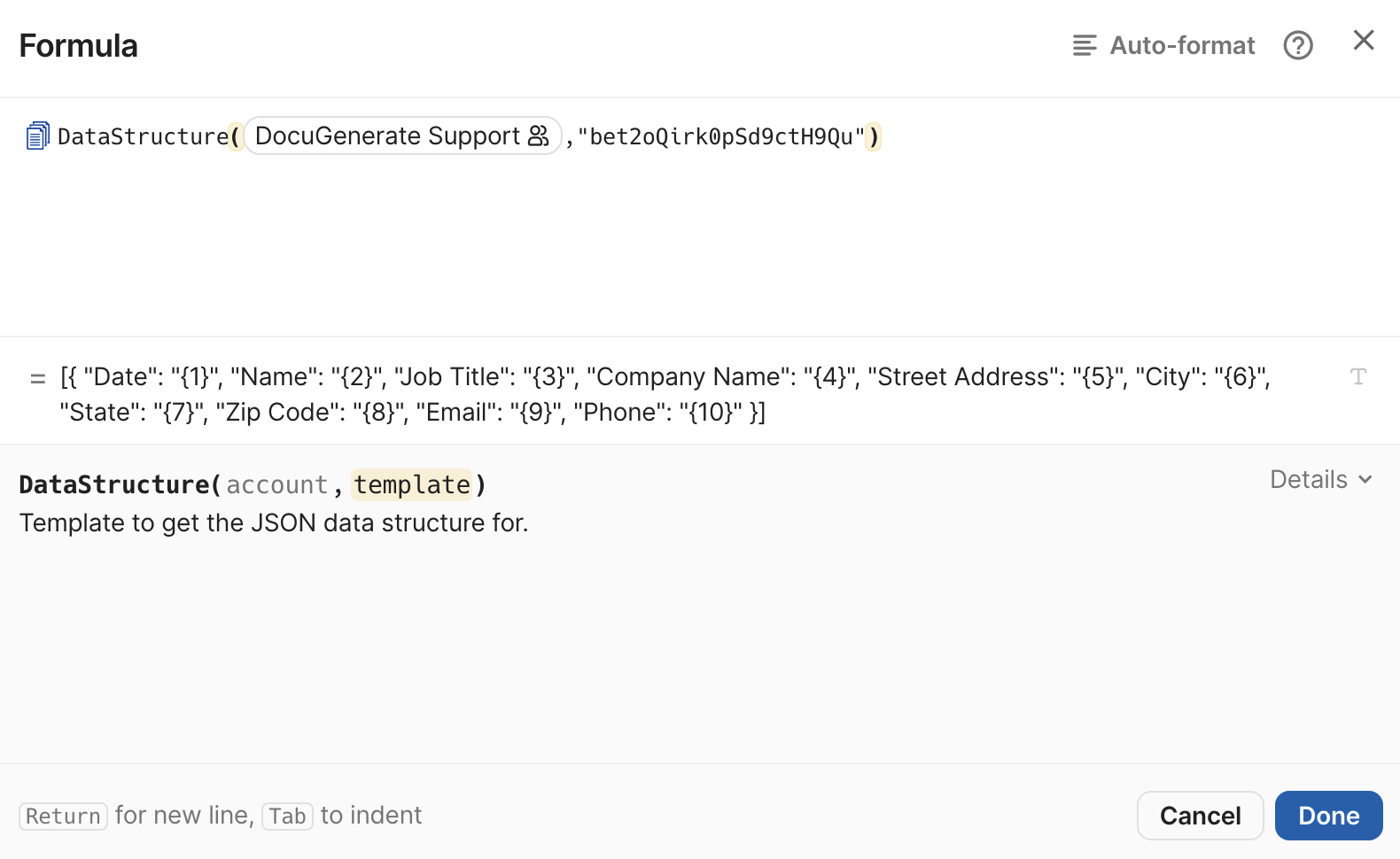 DataStructure formula result with placeholders