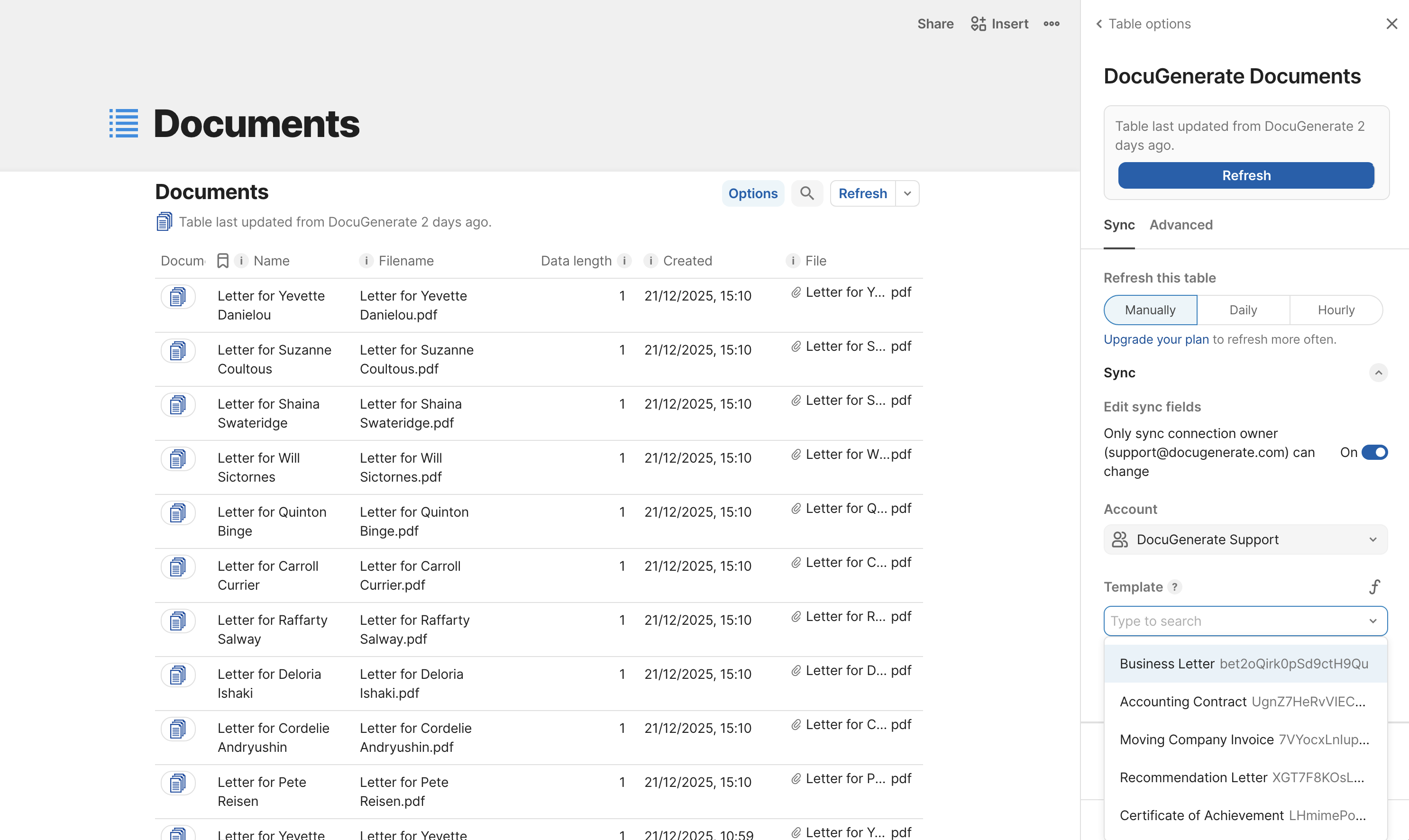 List document table configuration