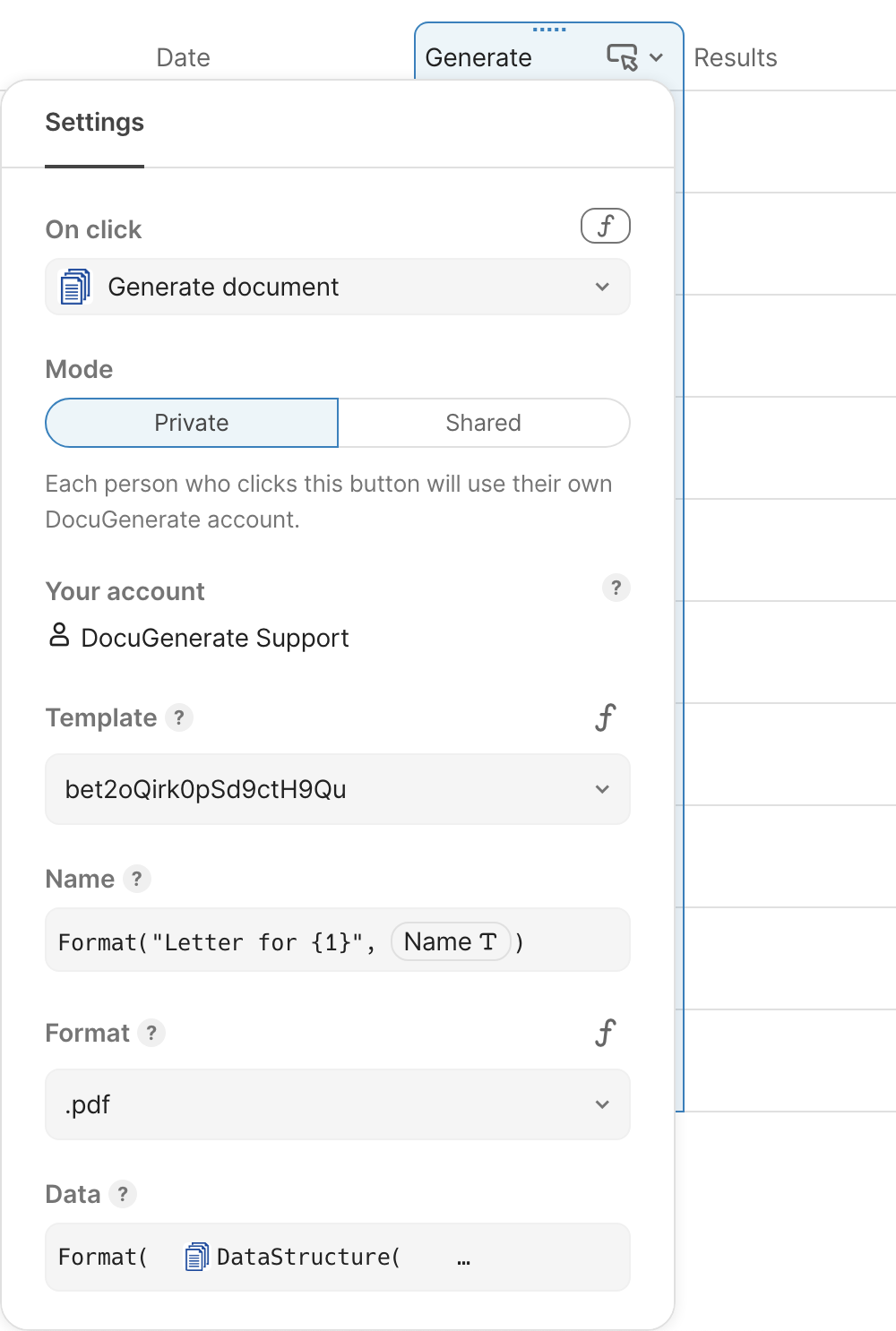 Generate document button configuration