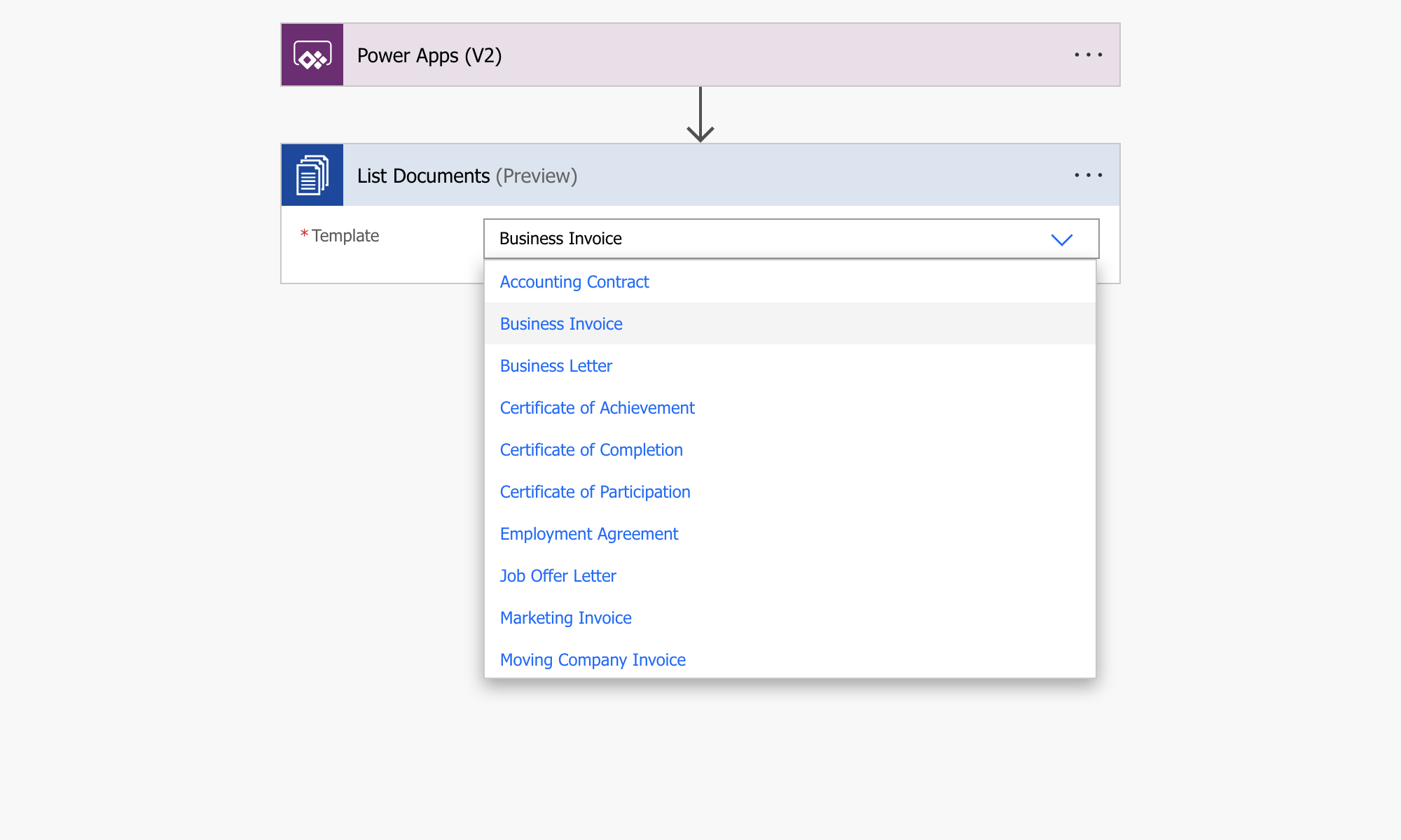 List documents action