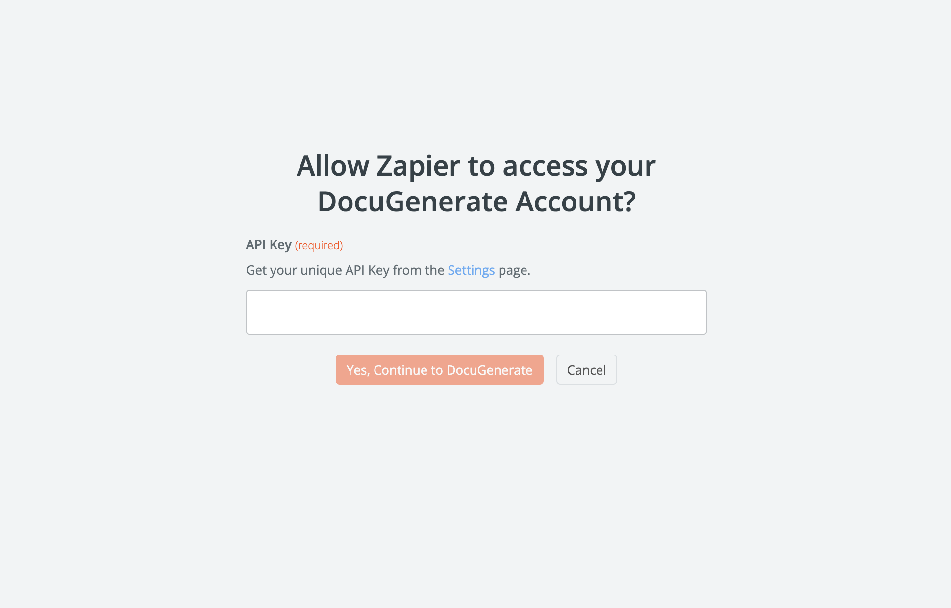 Dialog to enter the DocuGenerate API Key in Zapier