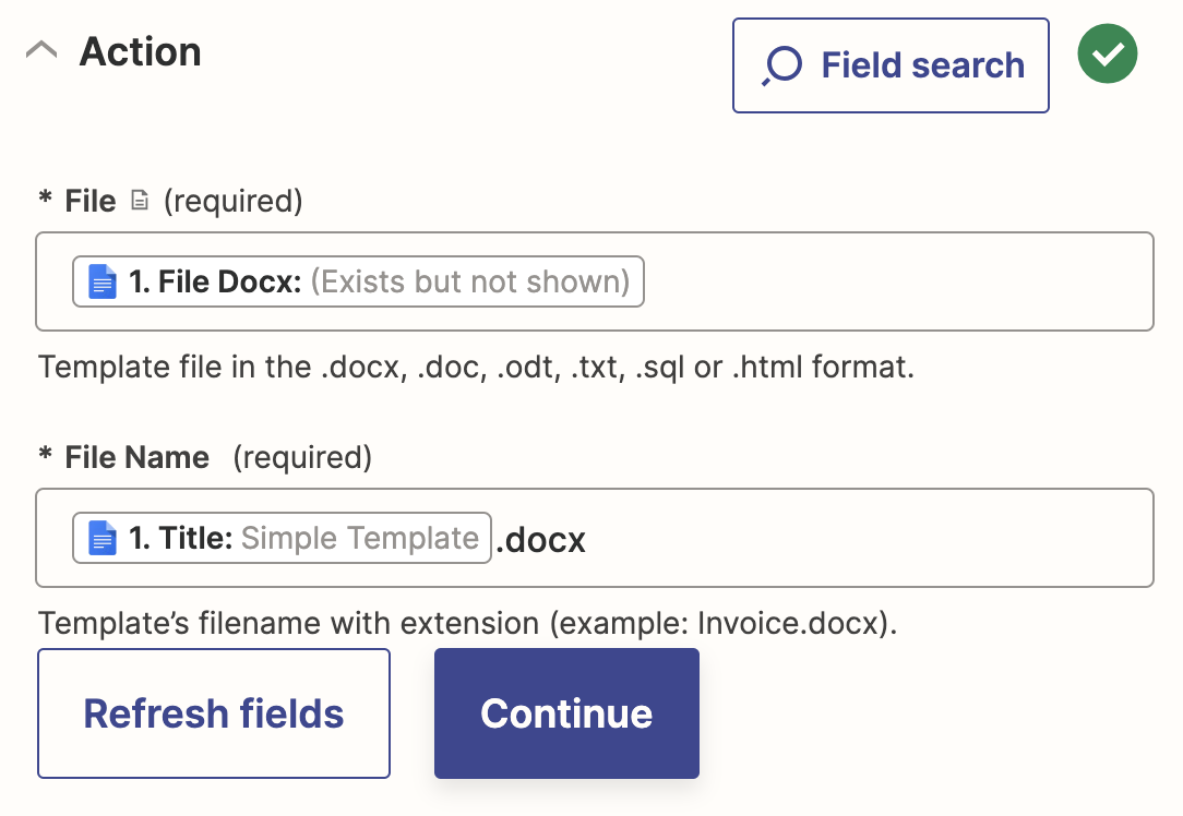 Create template action configuration