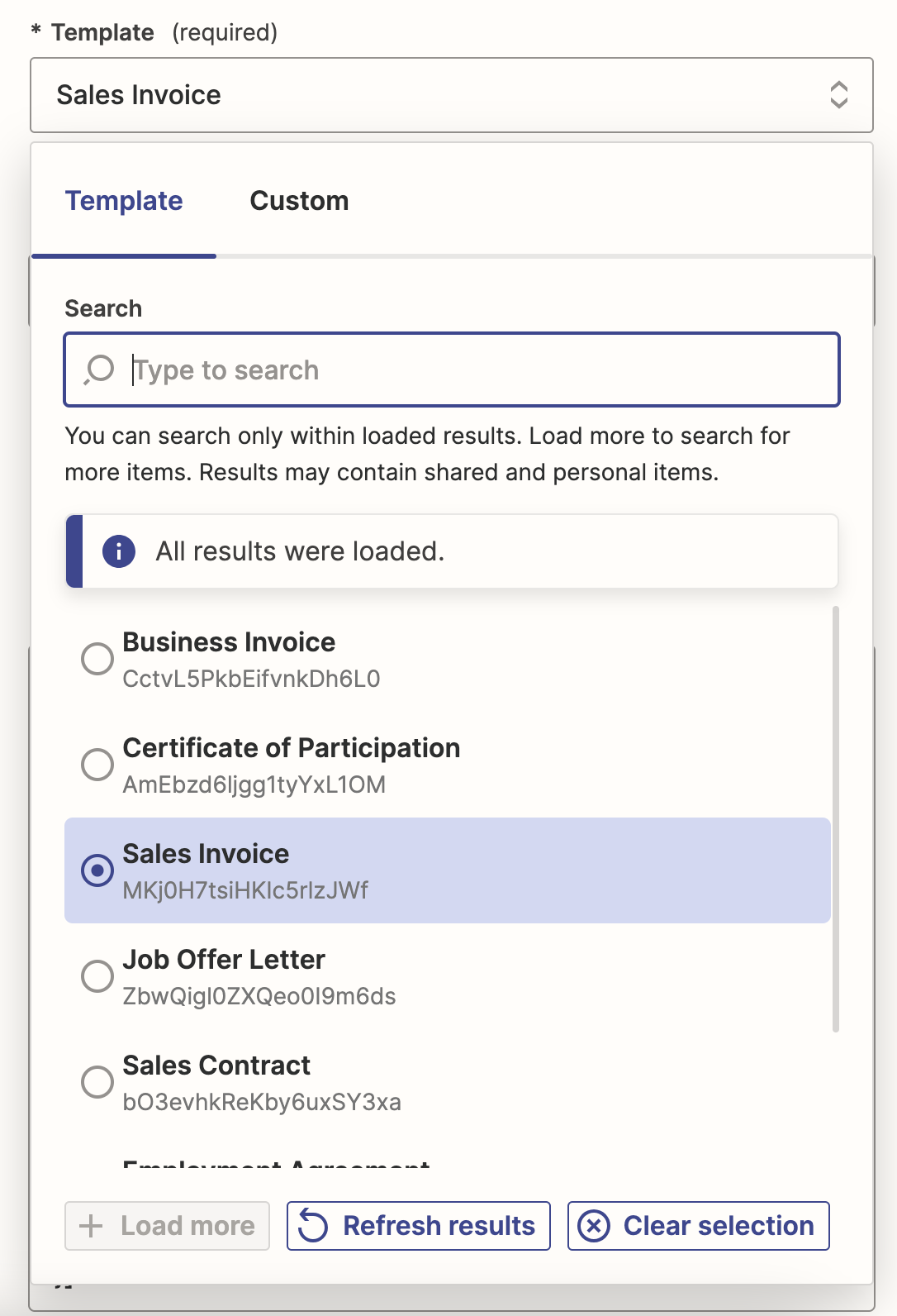 Generate document template selection