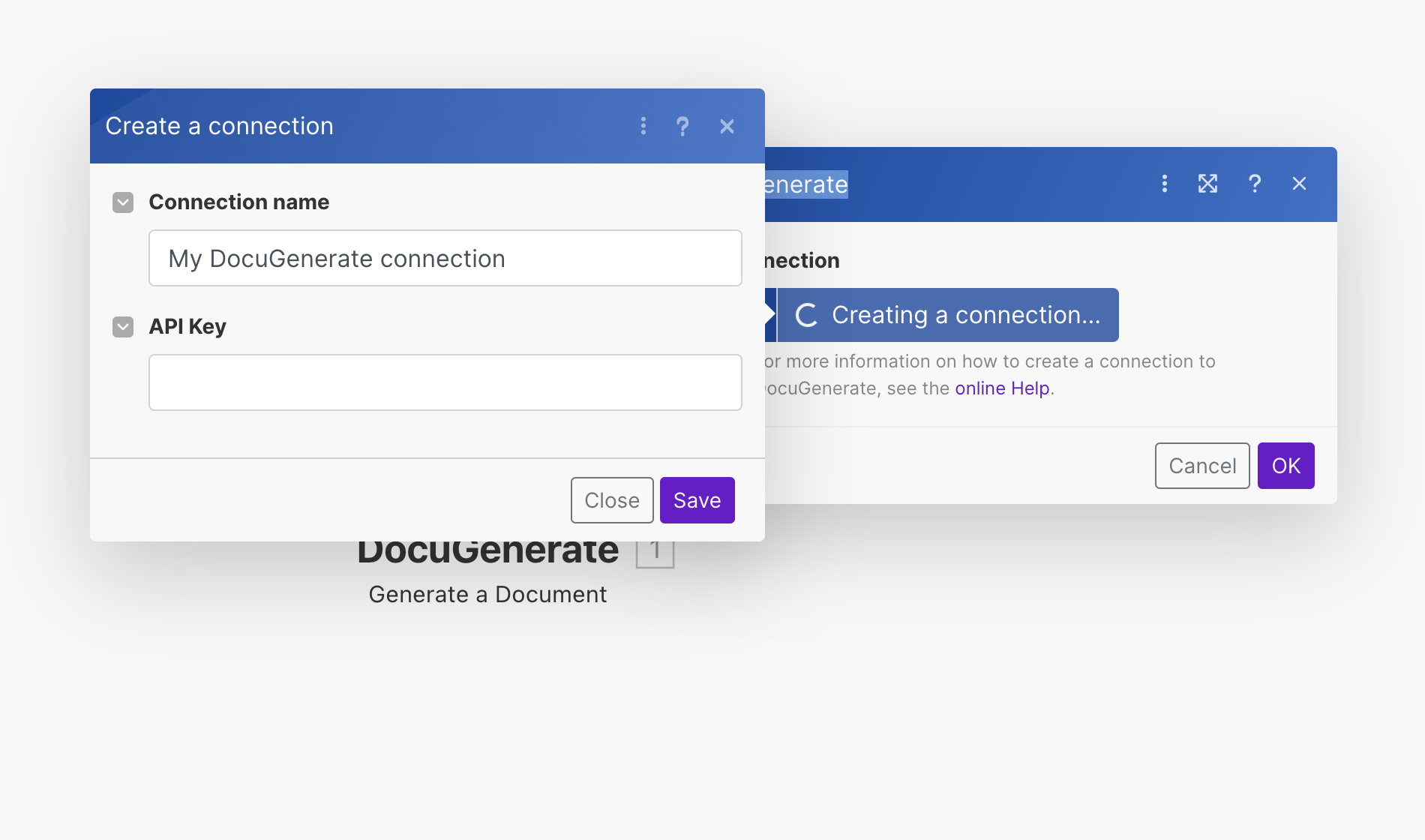 Dialog to enter the DocuGenerate API Key in Make