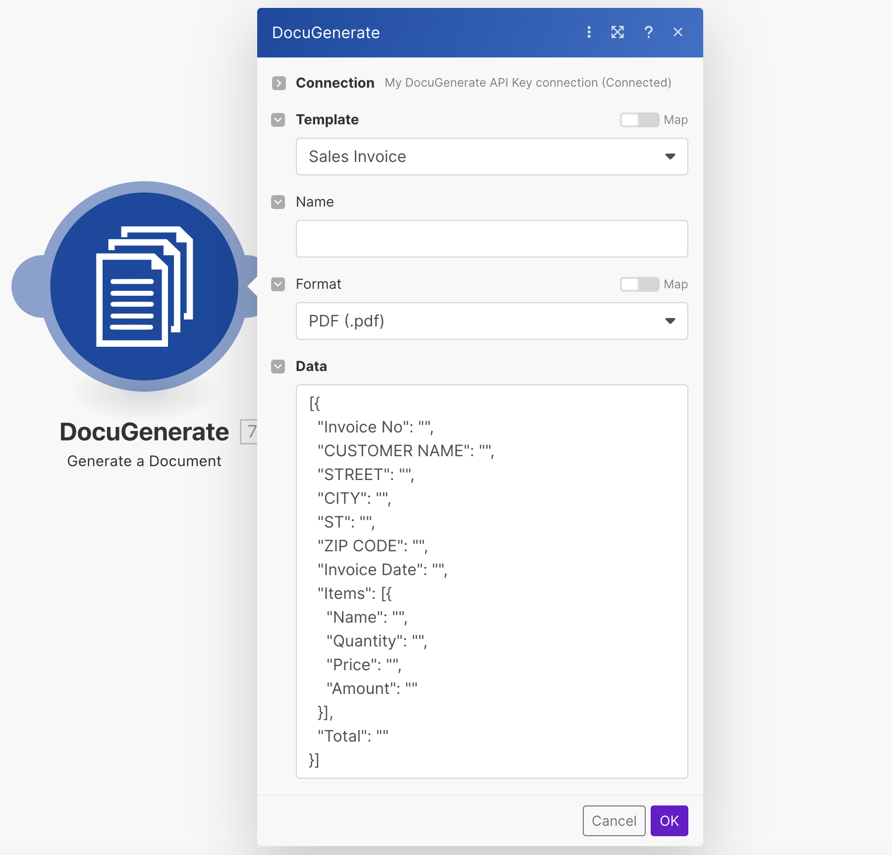 Generate document enter JSON data