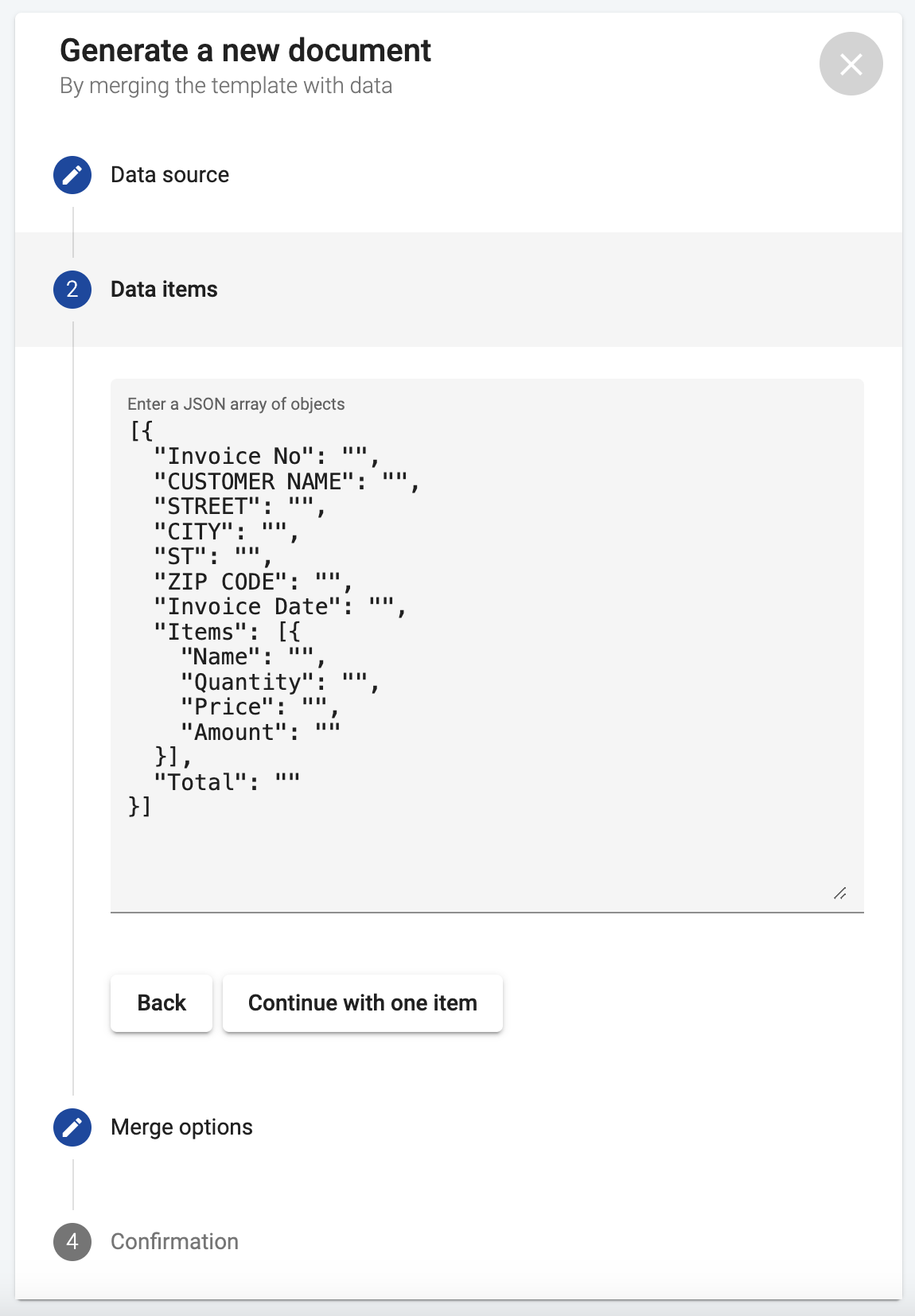 Generate document copy JSON structure