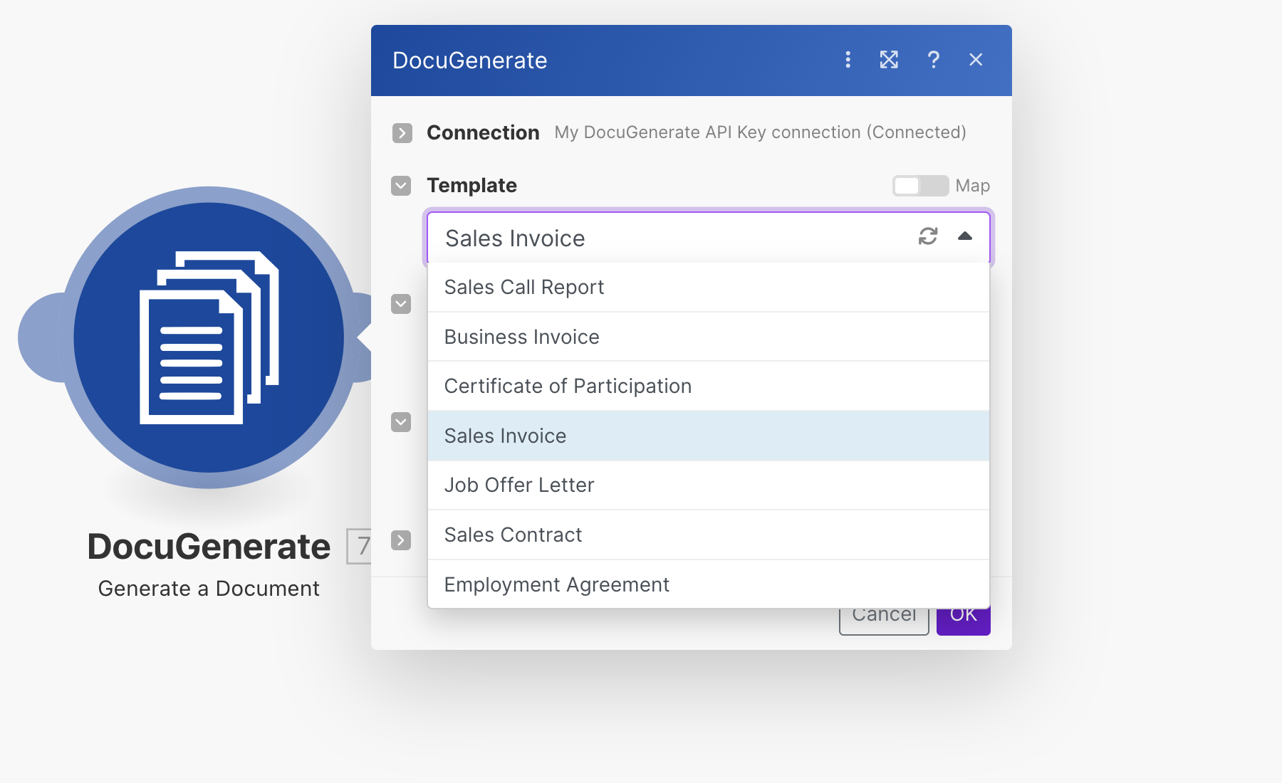 Generate document template selection