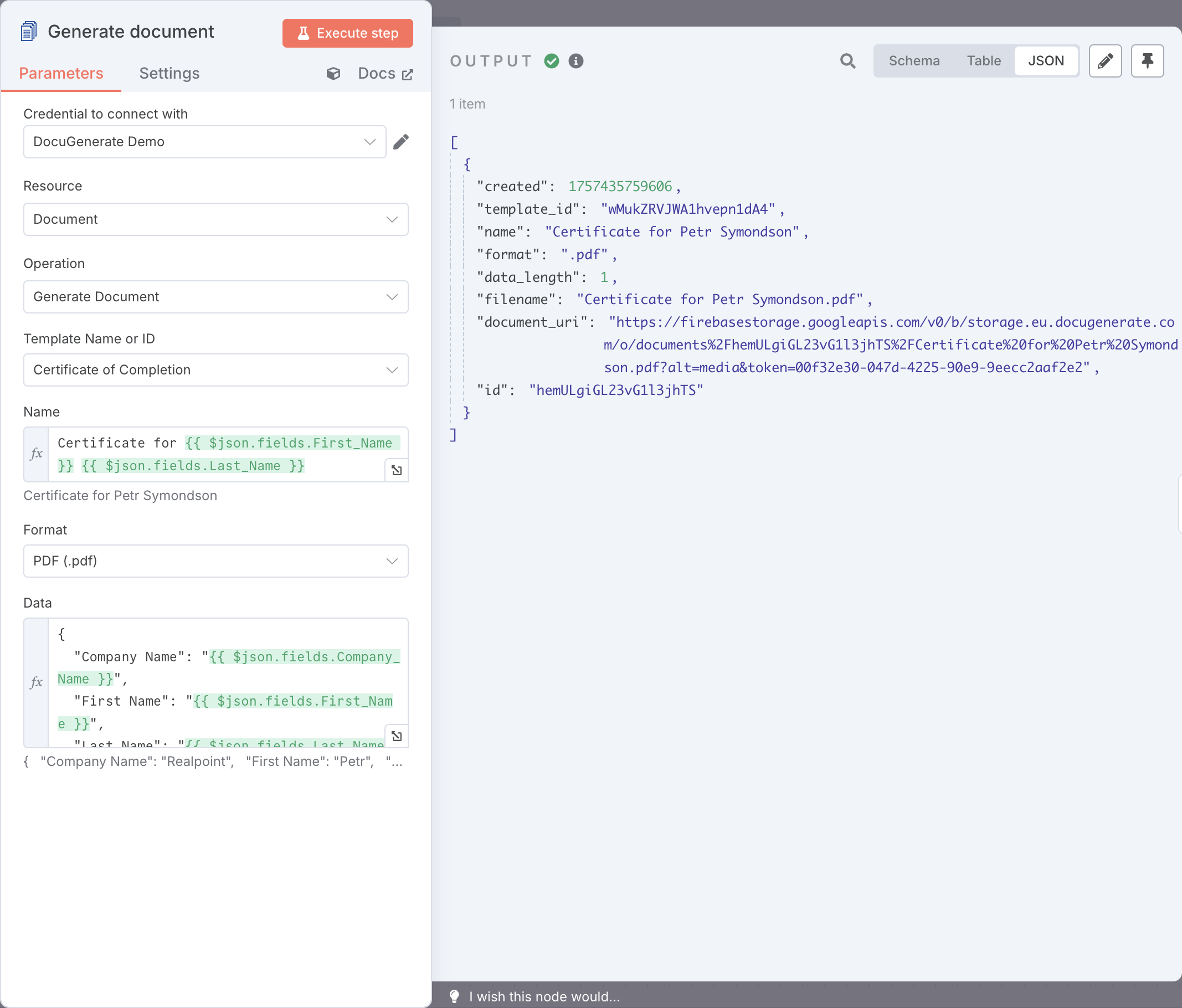Generate document action with custom JSON