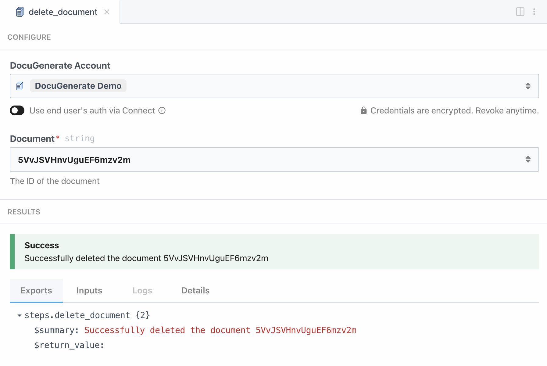 Delete document action