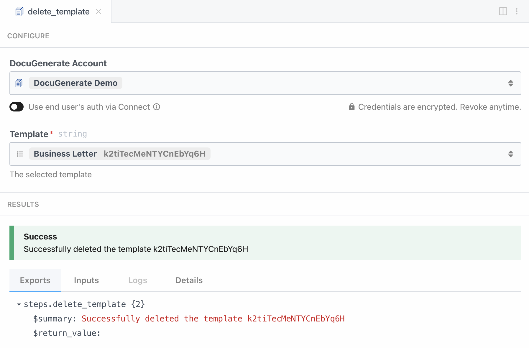 Delete template action