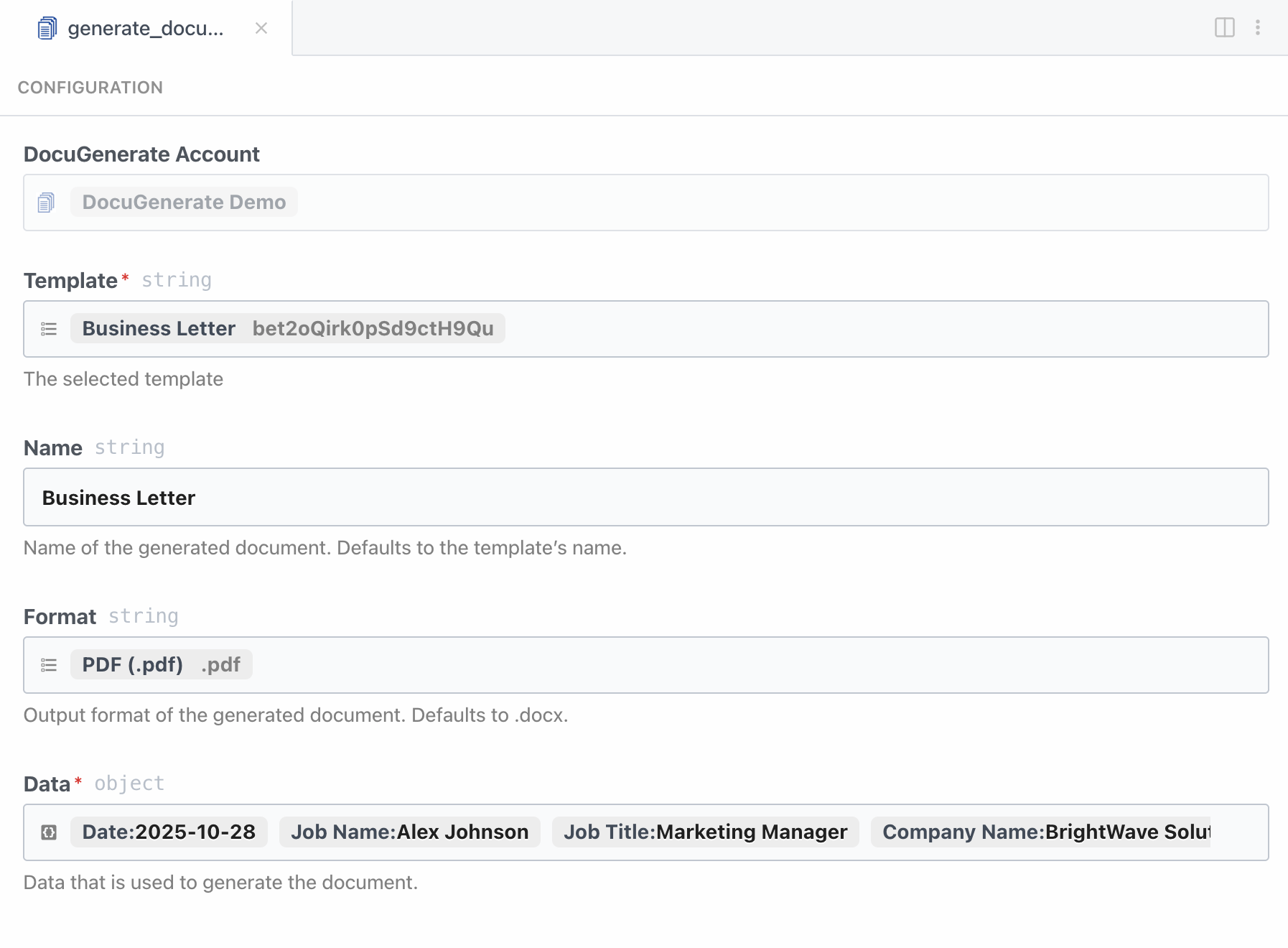 Generate document action default data