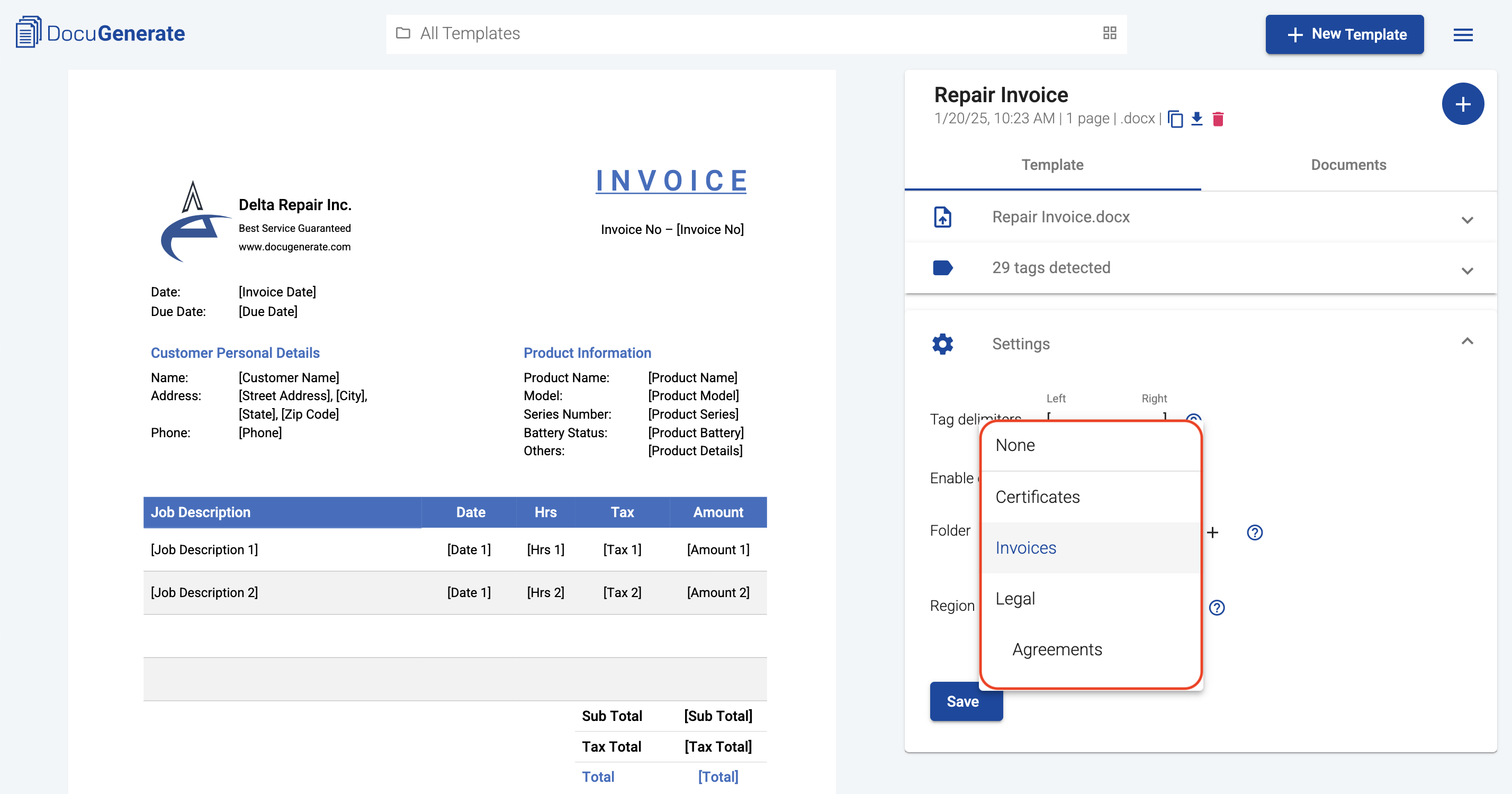 Folder dropdown in template settings