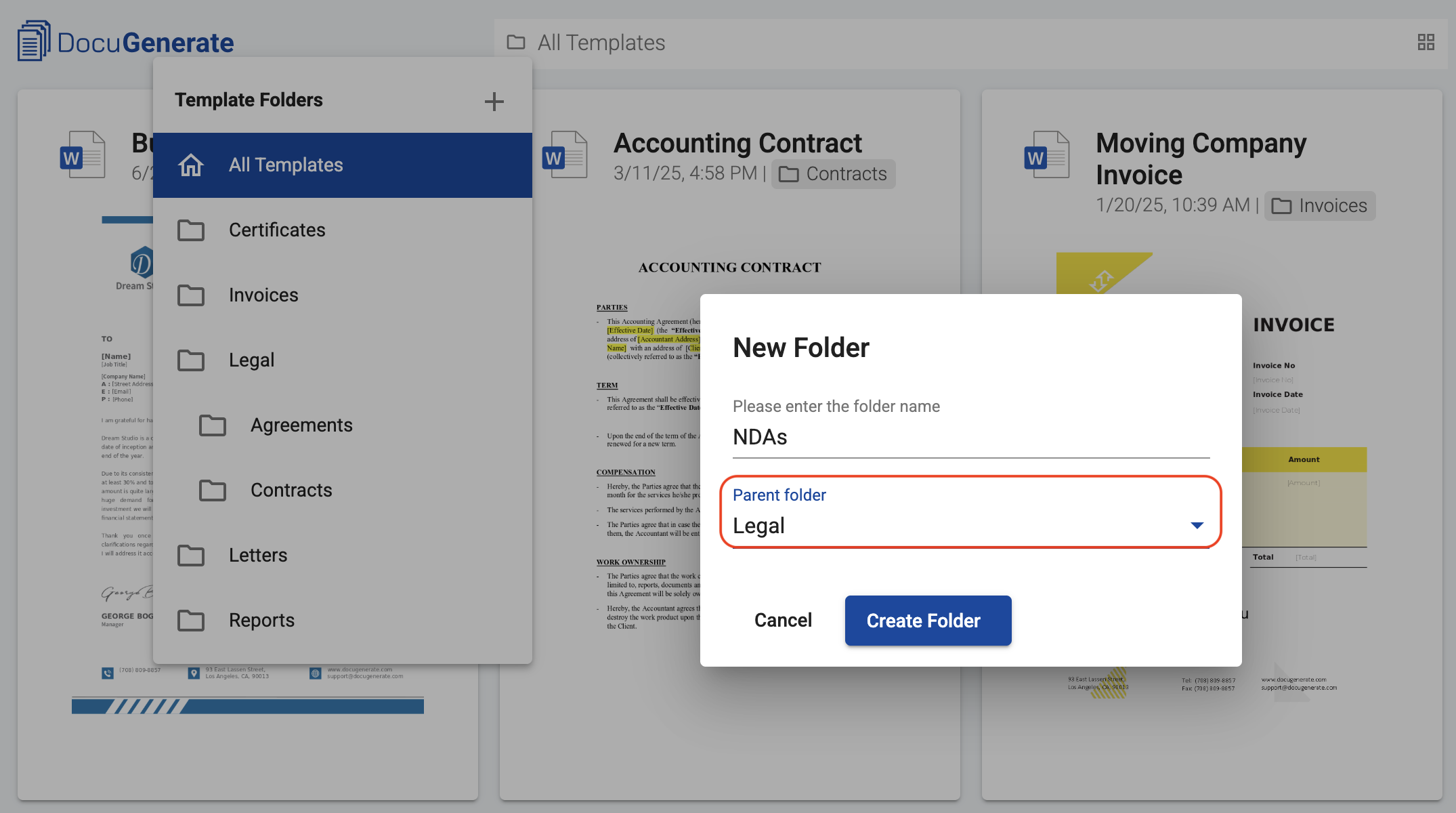 Parent folder dropdown