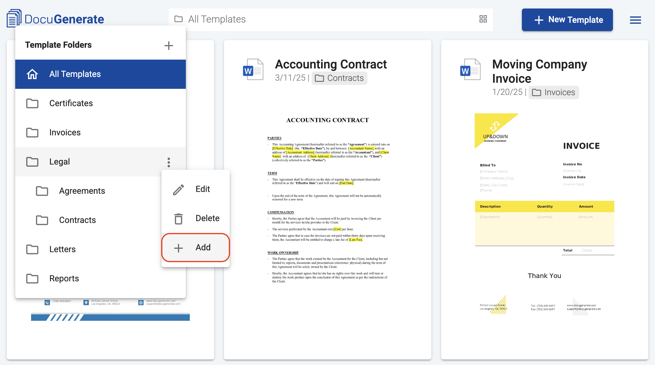 Menu contextuel du dossier
