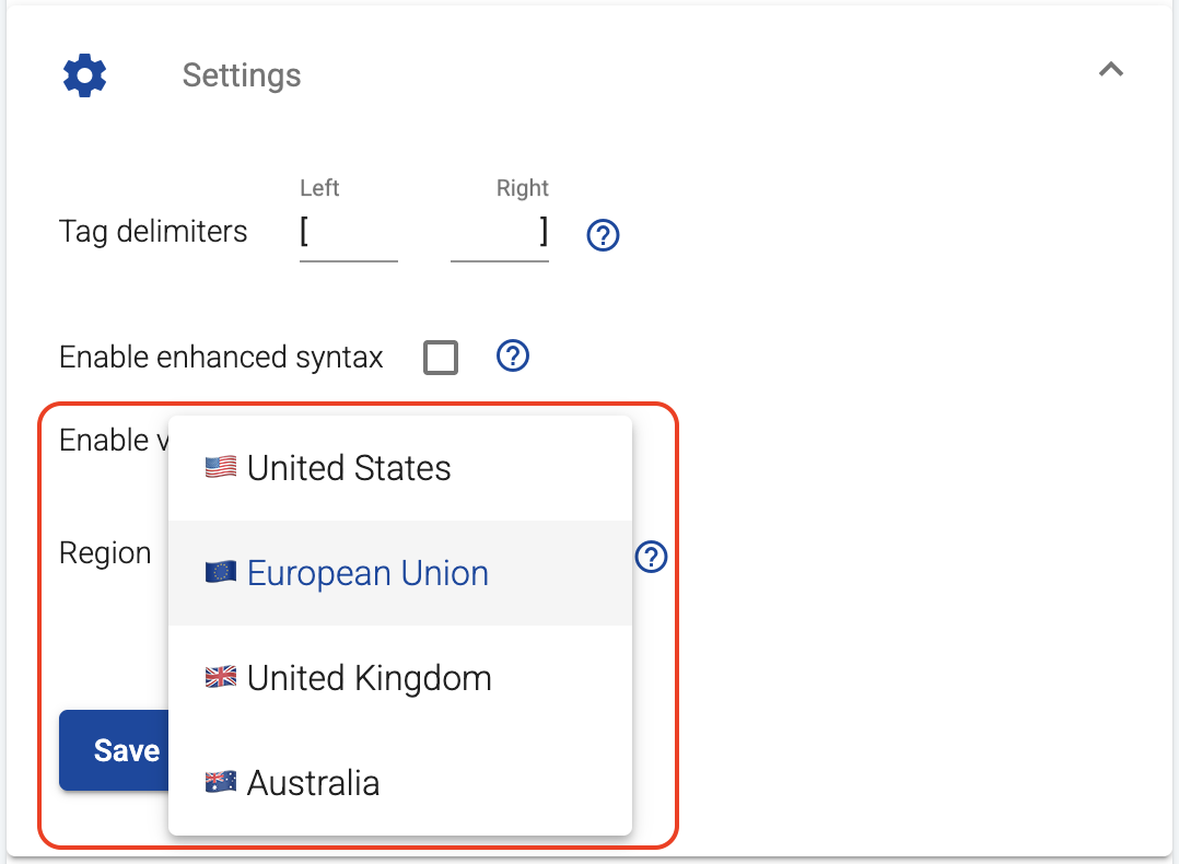 Selecting the template's region