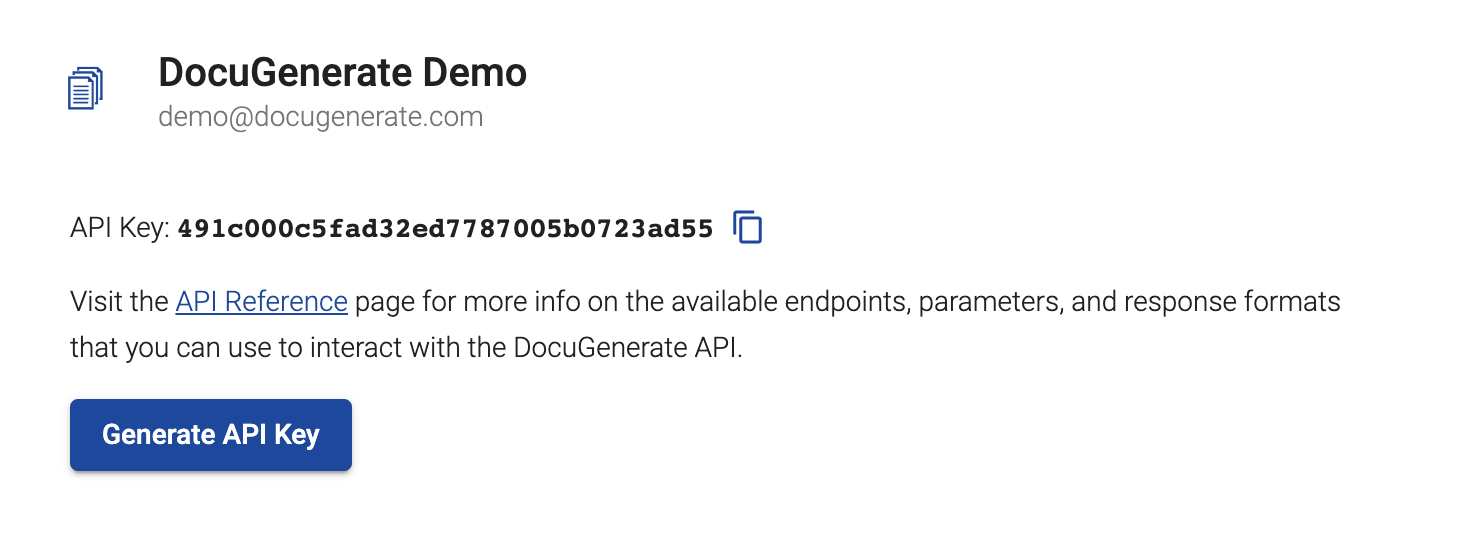 DocuGenerate API Key found on the Settings page