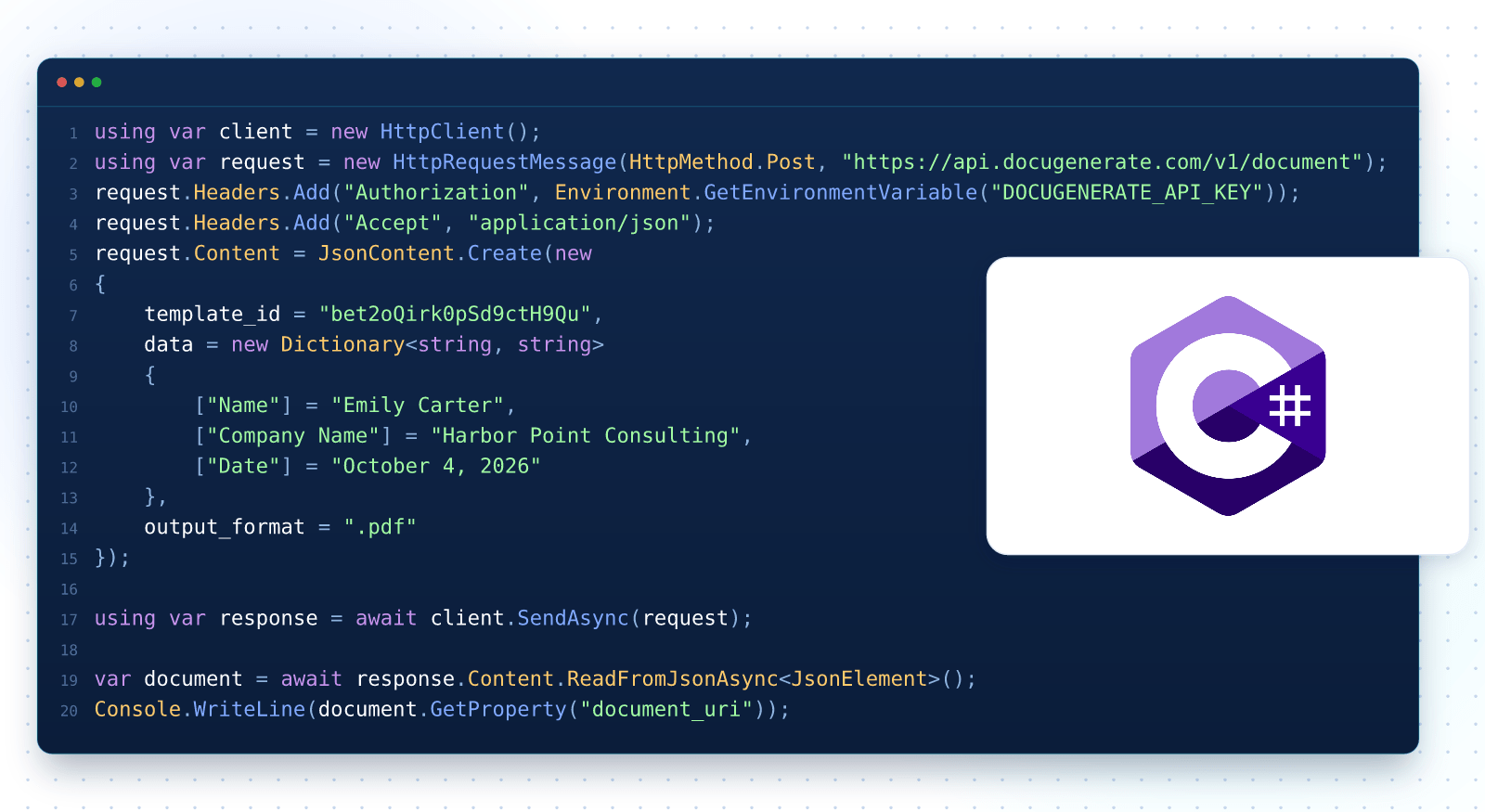 Code C# générant un document PDF à partir d'un modèle Word avec l'API DocuGenerate