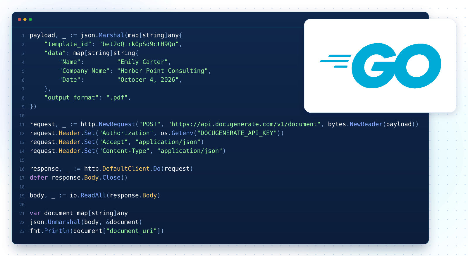 Code Go générant un document PDF à partir d'un modèle Word avec l'API DocuGenerate