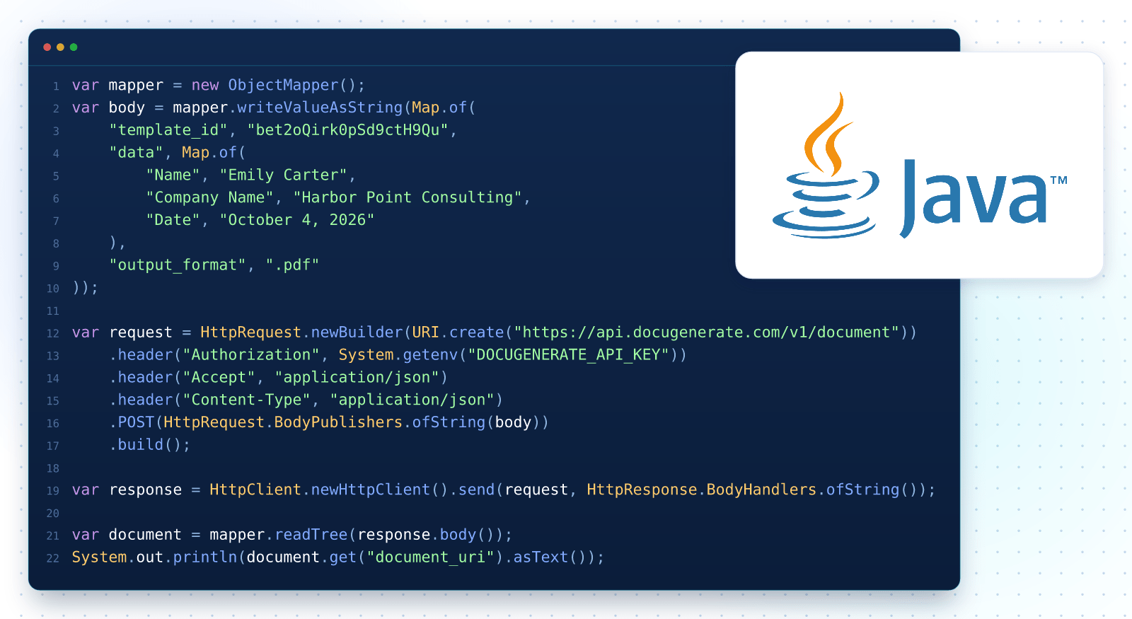 Code Java générant un document PDF à partir d'un modèle Word avec l'API DocuGenerate