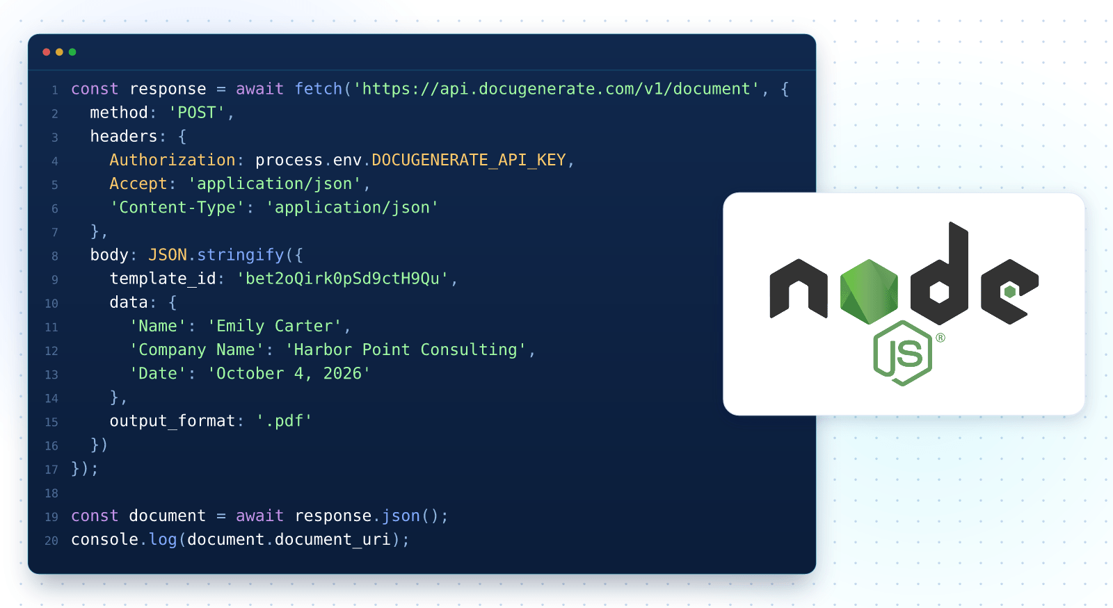 Code Node.js générant un document PDF à partir d'un modèle Word avec l'API DocuGenerate