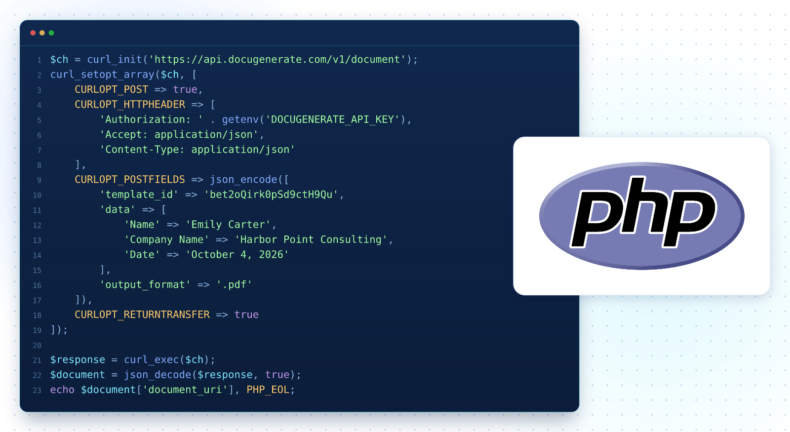 Code PHP générant un document PDF à partir d'un modèle Word avec l'API DocuGenerate