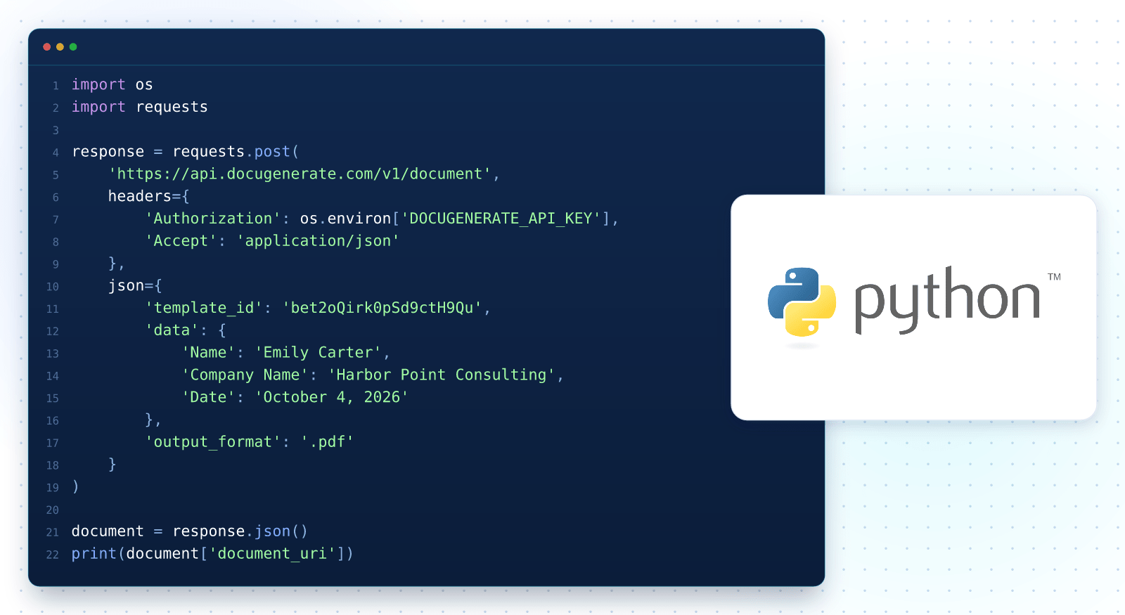 Code Python générant un document PDF à partir d'un modèle Word avec l'API DocuGenerate