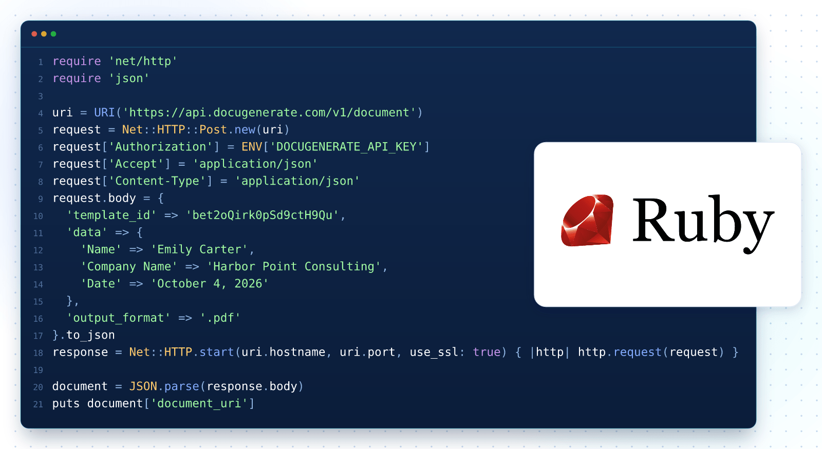 Code Ruby générant un document PDF à partir d'un modèle Word avec l'API DocuGenerate
