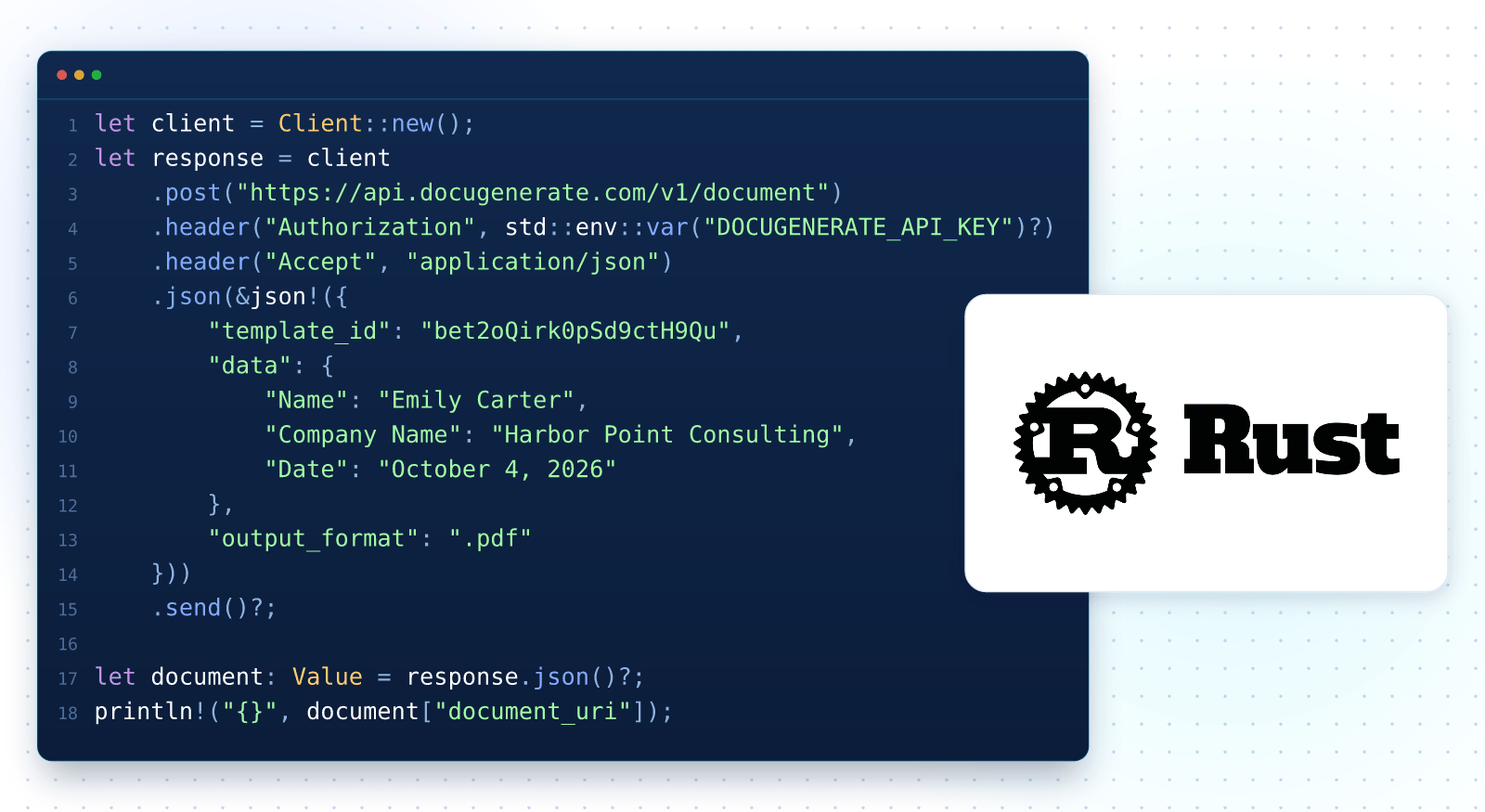 Code Rust générant un document PDF à partir d'un modèle Word avec l'API DocuGenerate