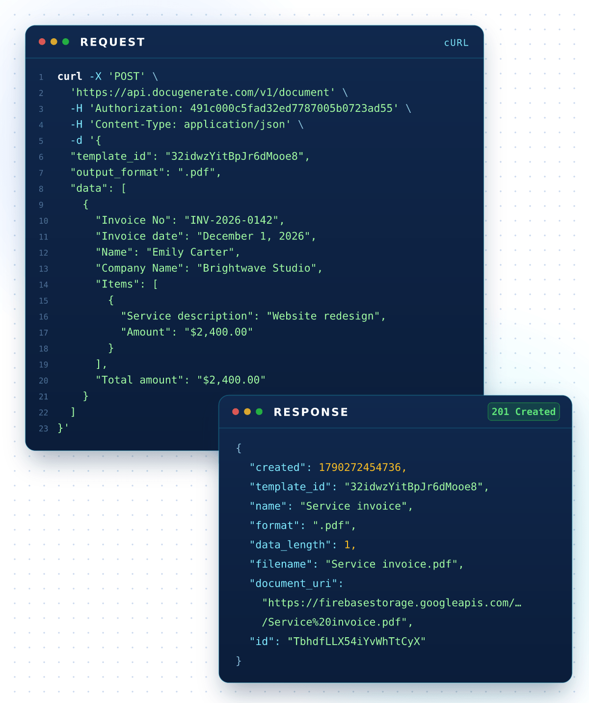 Example of the API call to generate a document using from a template