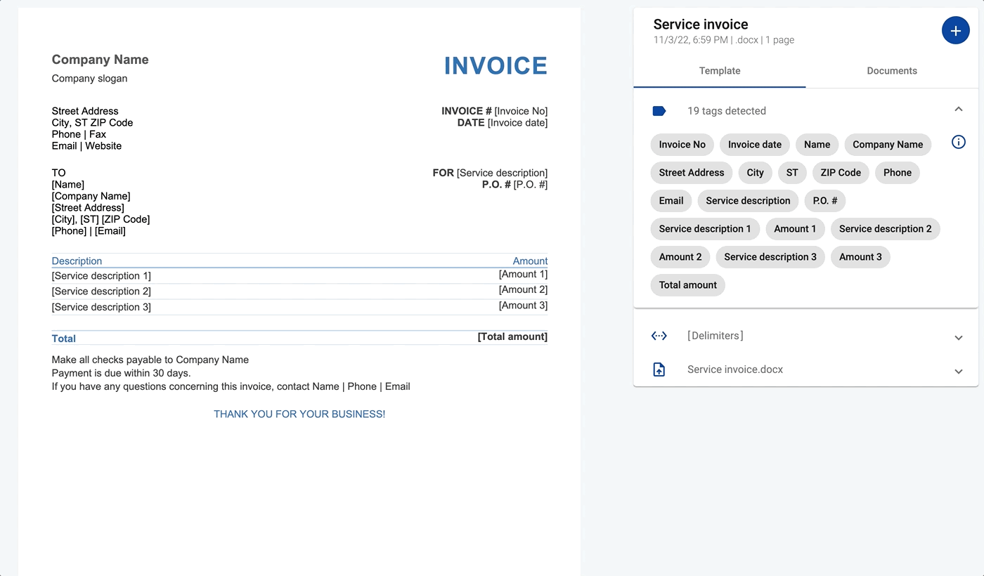 Invoice generation demo using a template with merge tags and a data set