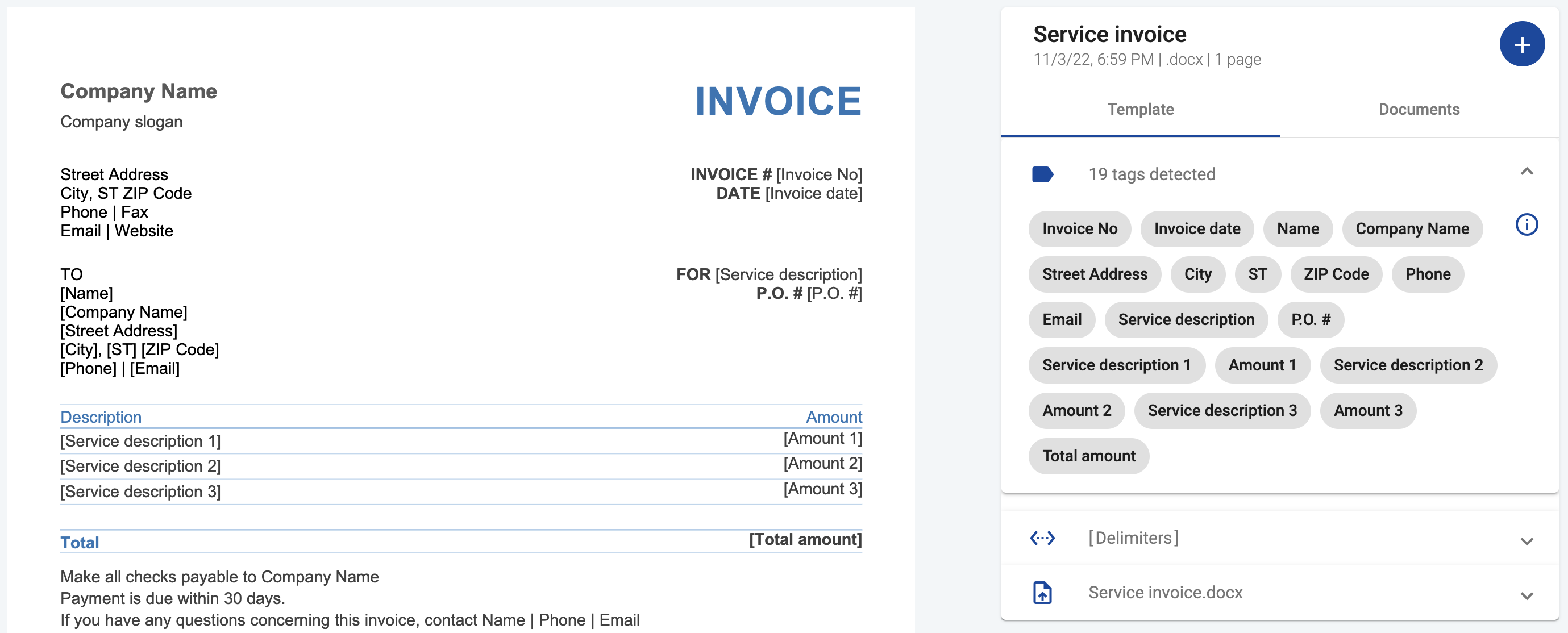 Invoice template with merge tags used for document generation