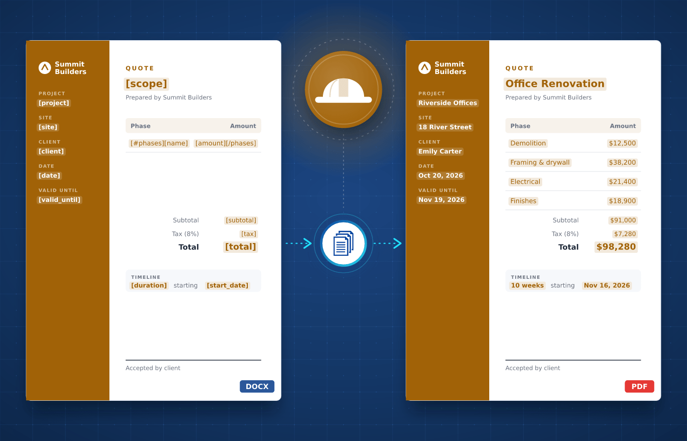 Construction document template in Word with merge tags