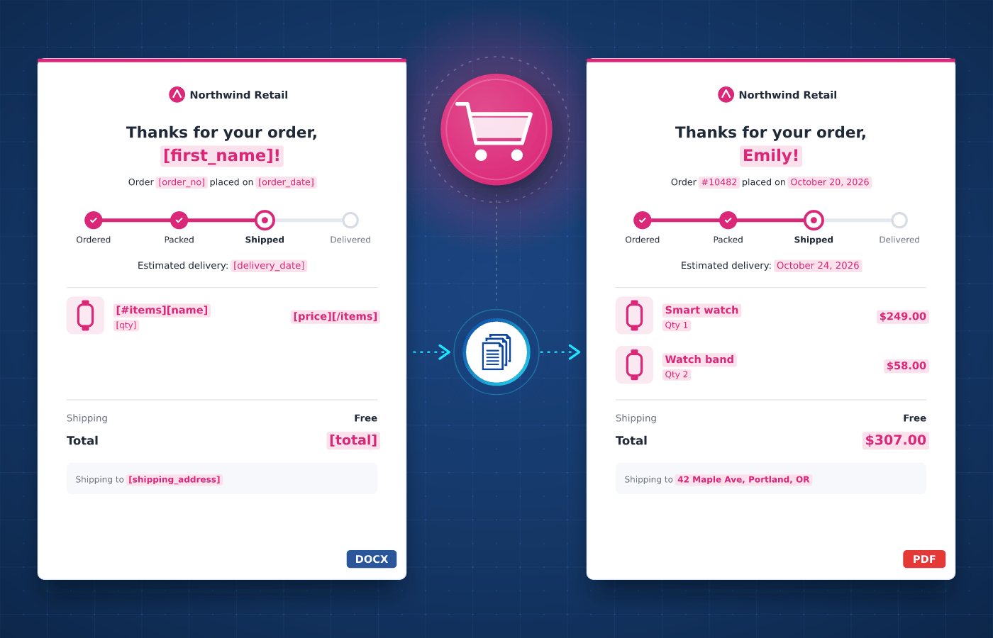 E-commerce-documentsjabloon in Word met merge-tags