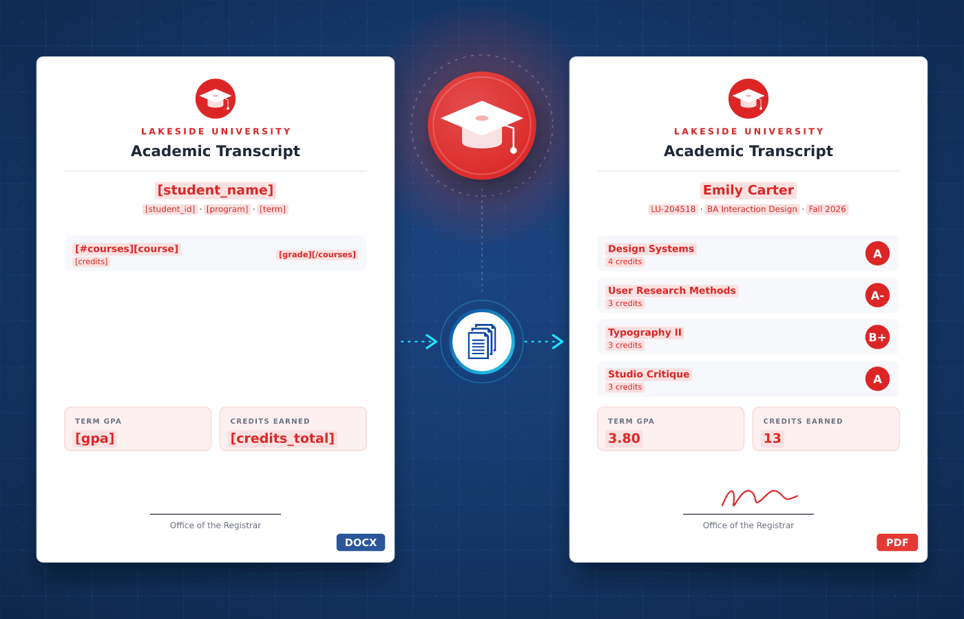 Education document template in Word with merge tags