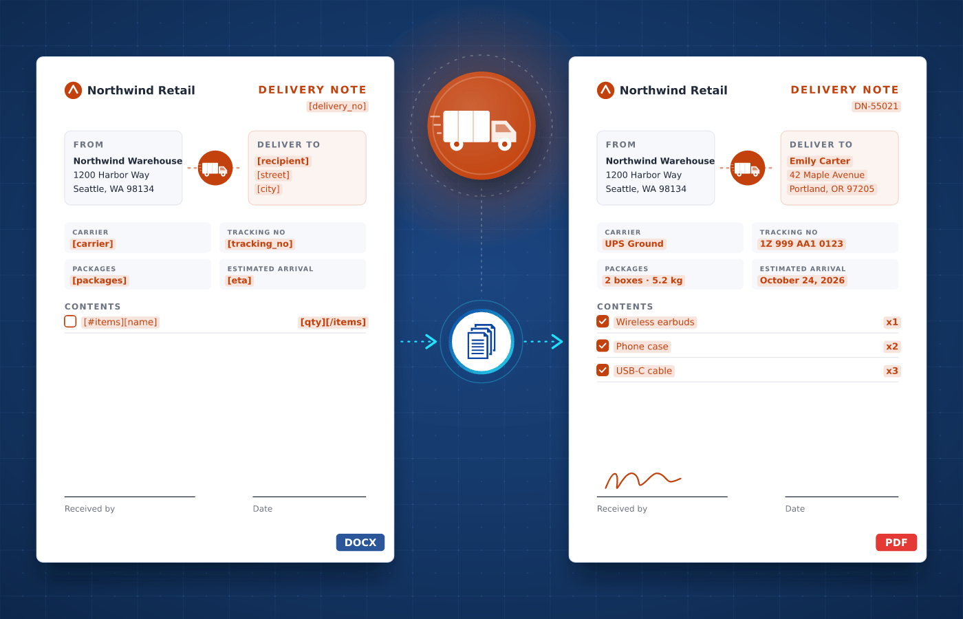 Logistics document template in Word with merge tags