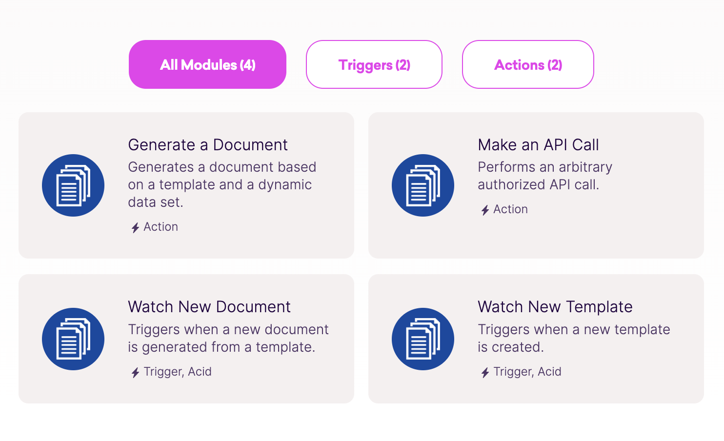 DocuGenerate Modules in Make: Generate a Document, Make an API Call, Watch New Document, Watch New Template