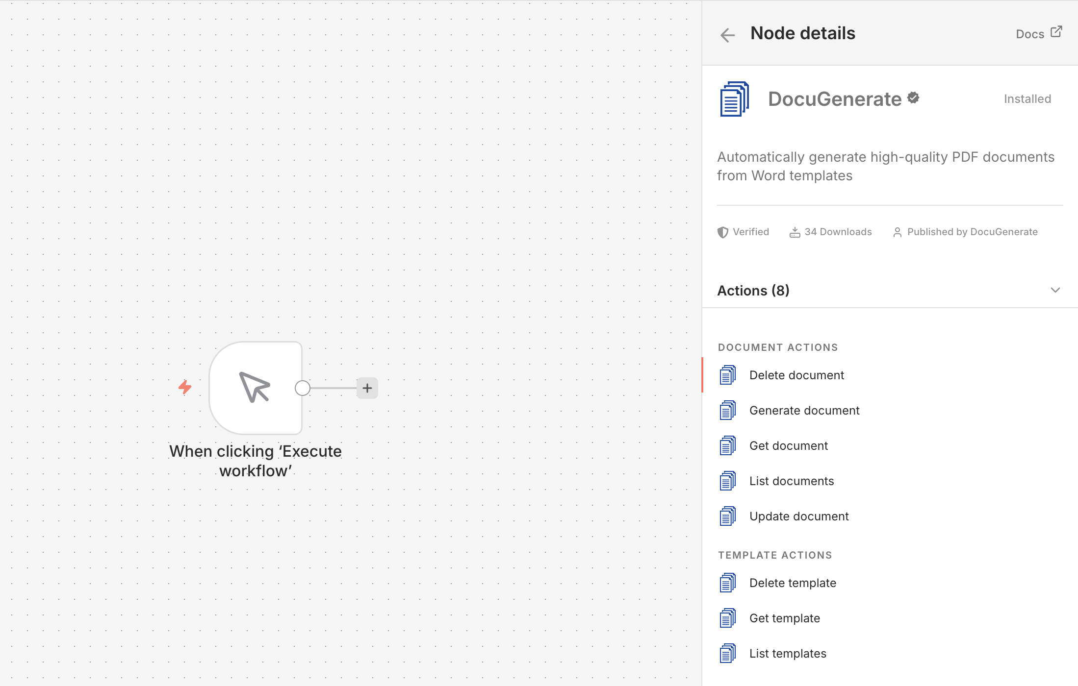 DocuGenerate actions in n8n: Generate Document, List Templates, Get Template, List Documents, and more
