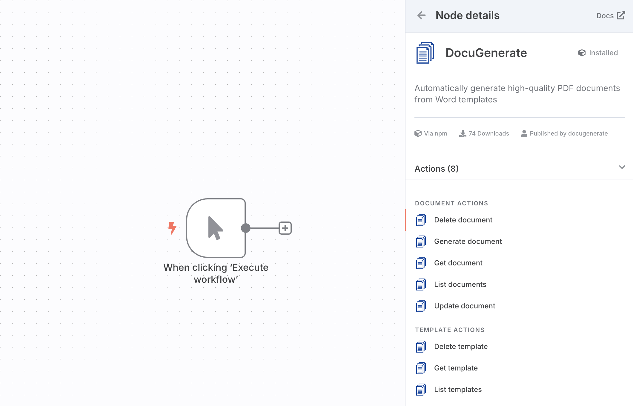 DocuGenerate actions in n8n: Generate Document, List Templates, Get Template, List Documents, and more