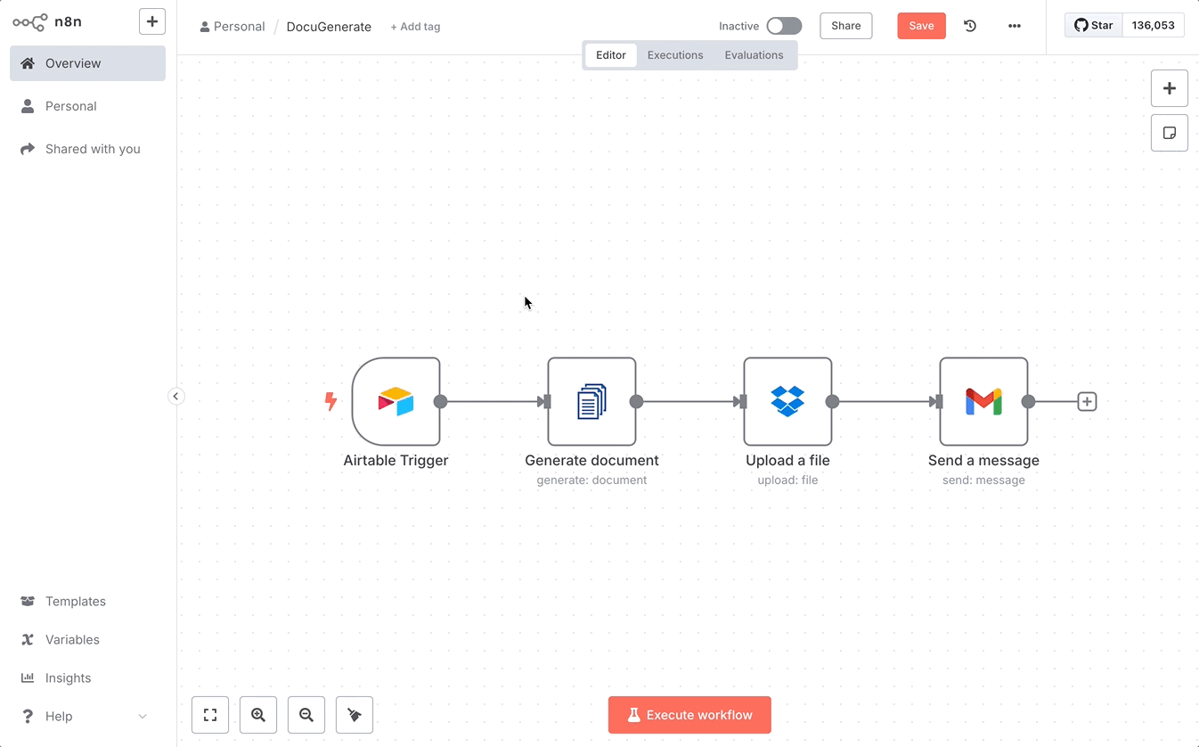 n8n workflow to generate documents with DocuGenerate from form submissions and save to cloud storage