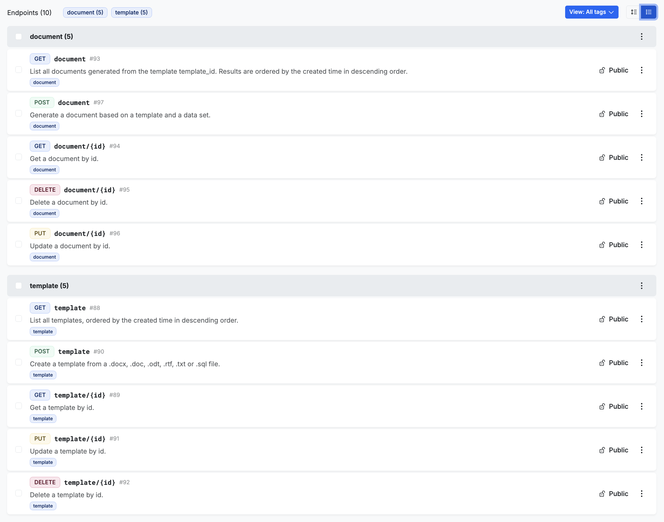 API endpoints that cover key operations such as creating, updating, deleting, and listing templates and documents, as well as generating documents from templates.