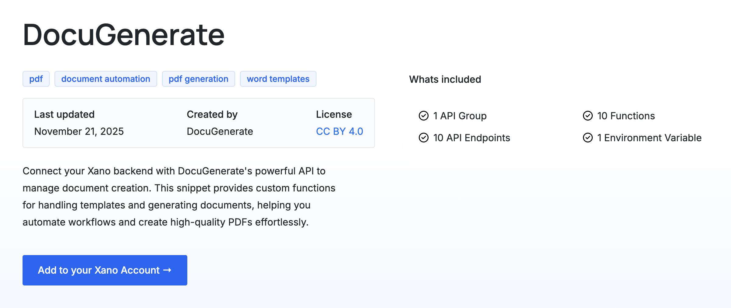 DocuGenerate snippet in the Xano marketplace