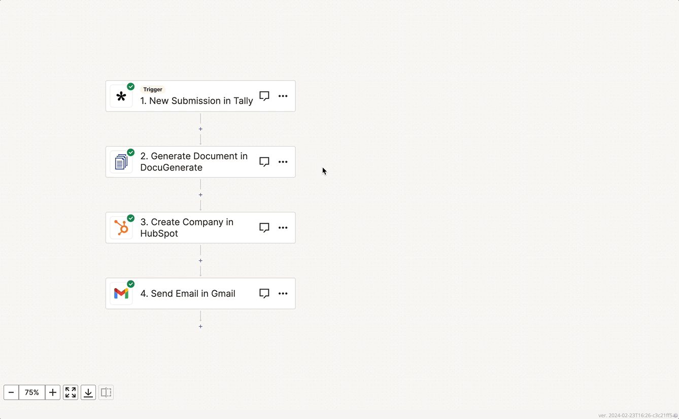 Zap workflow New Submission in Tally + Generate Document in DocuGenerate + Create Company in HubSpot + Send Email in Gmail