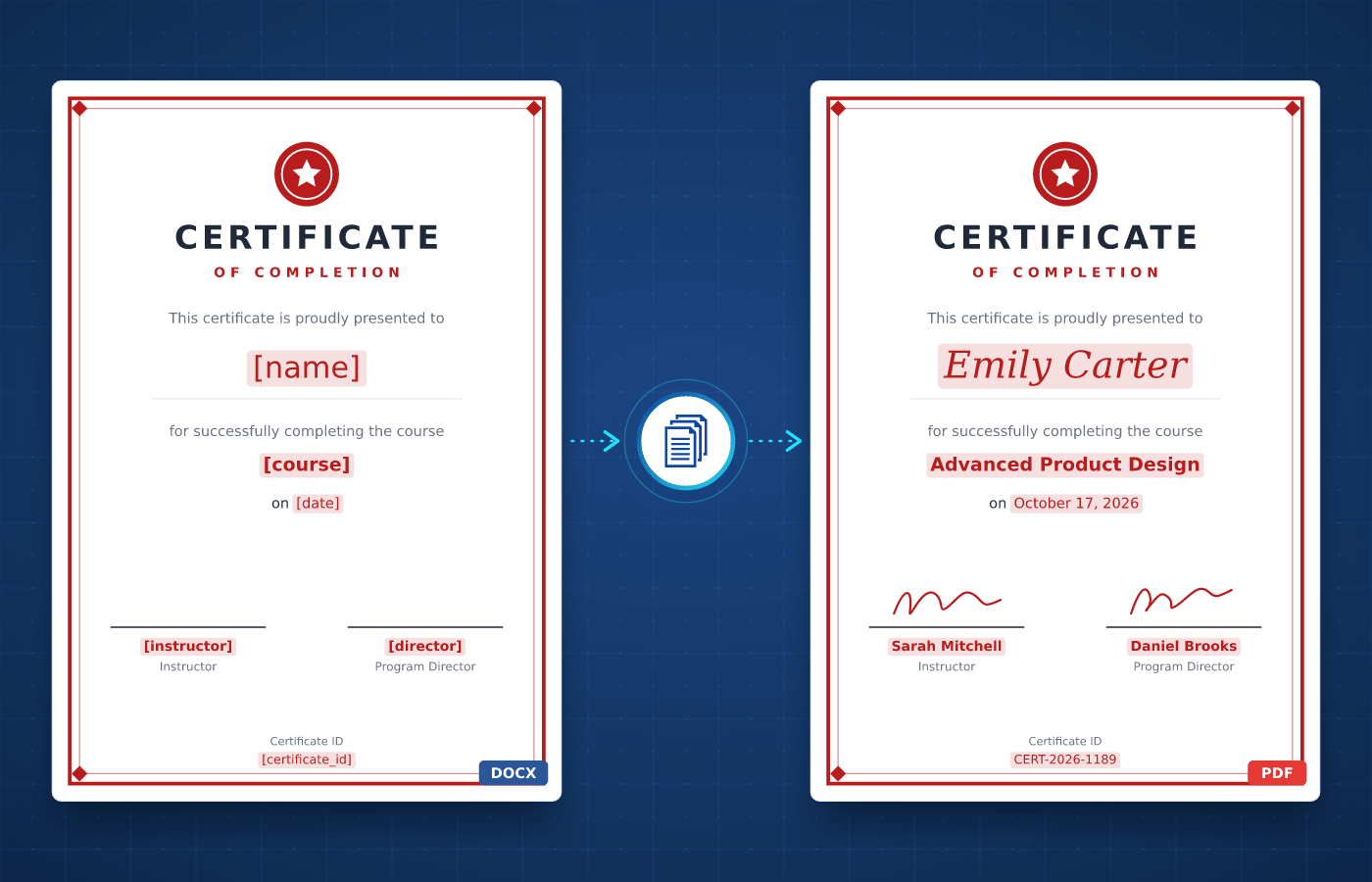 Certificate template in Word with merge tags